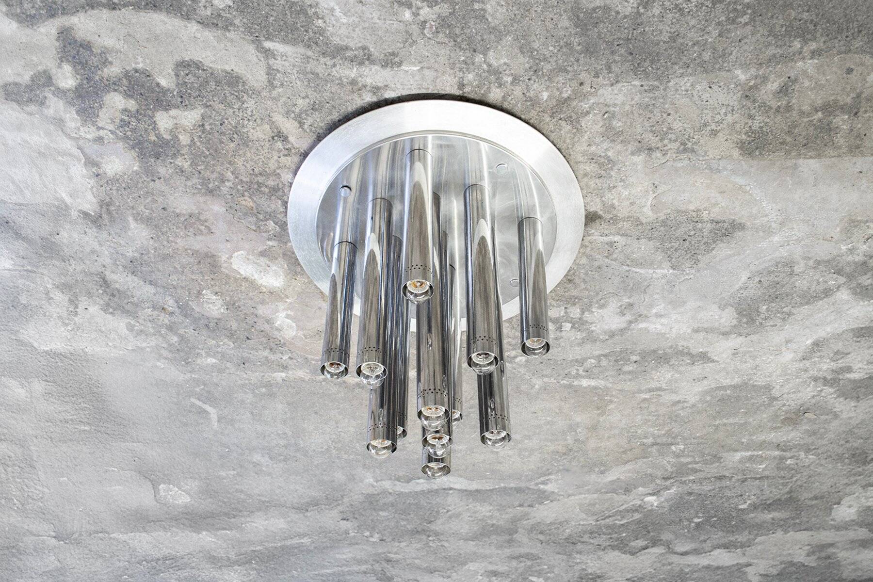 Large ceiling lamp with 13 chrome lights by Goffredo Reggiani, 1970s.