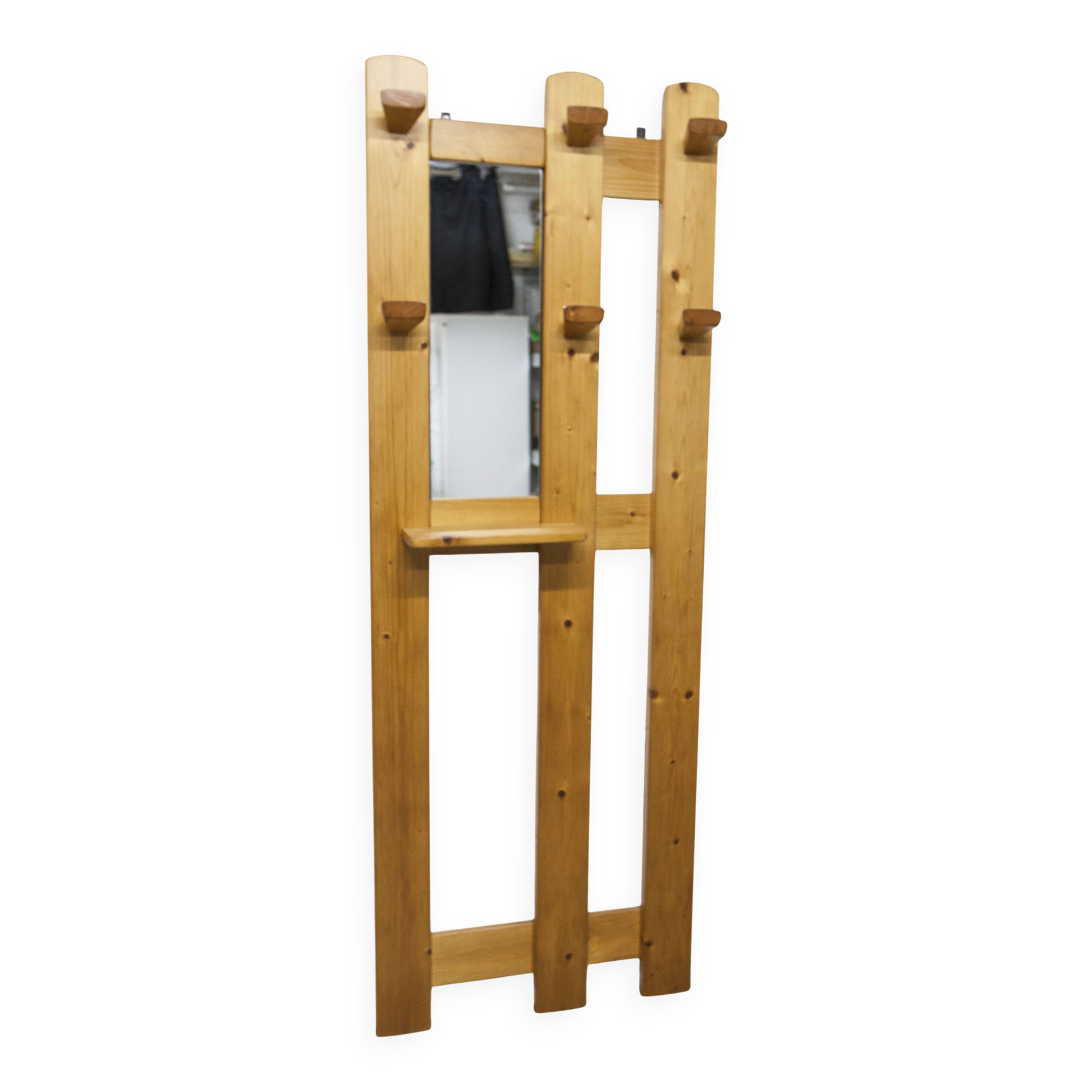 Wall-mounted coat rack, mountain style, pine, honey colour, 1970.