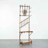 Porte-manteau ancien français en bambou, avec miroir et porte-parapluie.