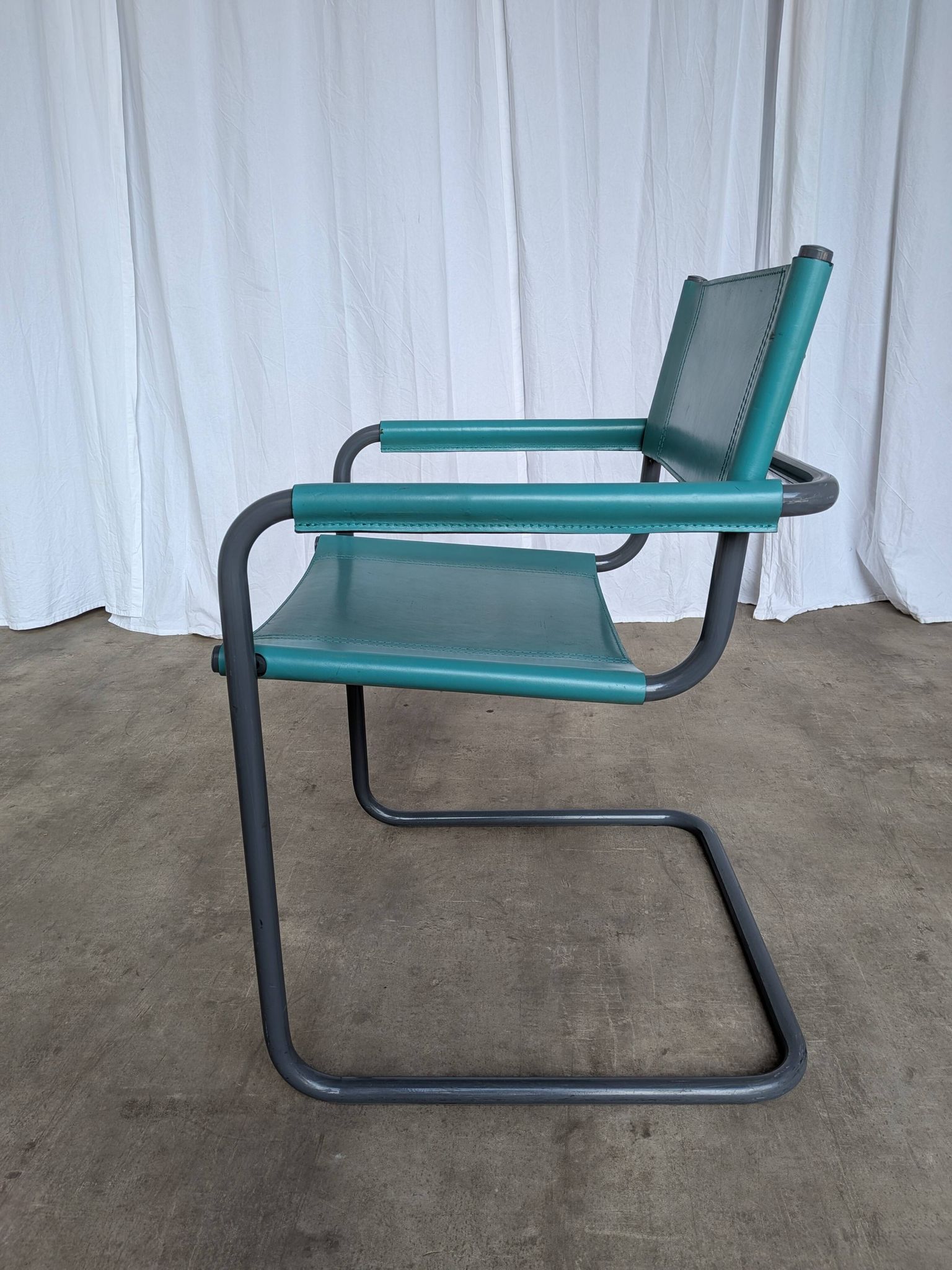 Vintage Mart Stam Style Armchair: Turquoise Leather, Black Chrome Cantileve