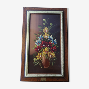 Tableau peinture sur cuivre fleurs artisanale nature morte boiq