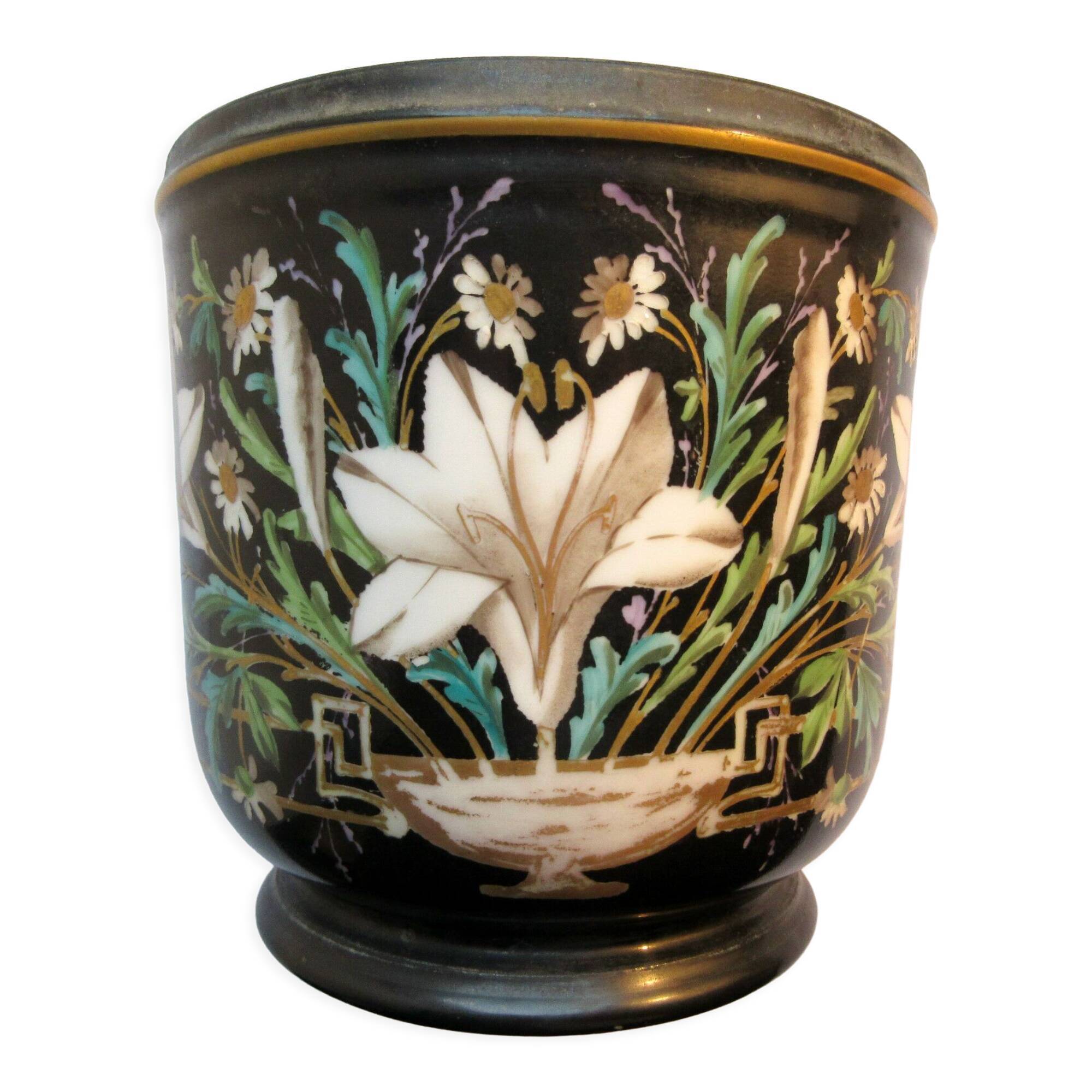 Cache-pot black background, Napoleon III, Paris porcelain: White lilies + Daisies