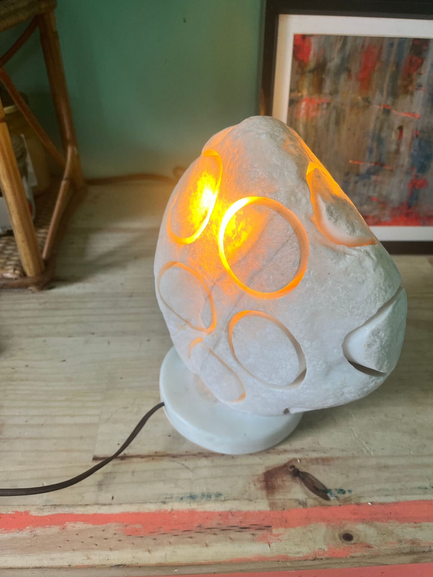 Vintage carved stone mushroom table lamp