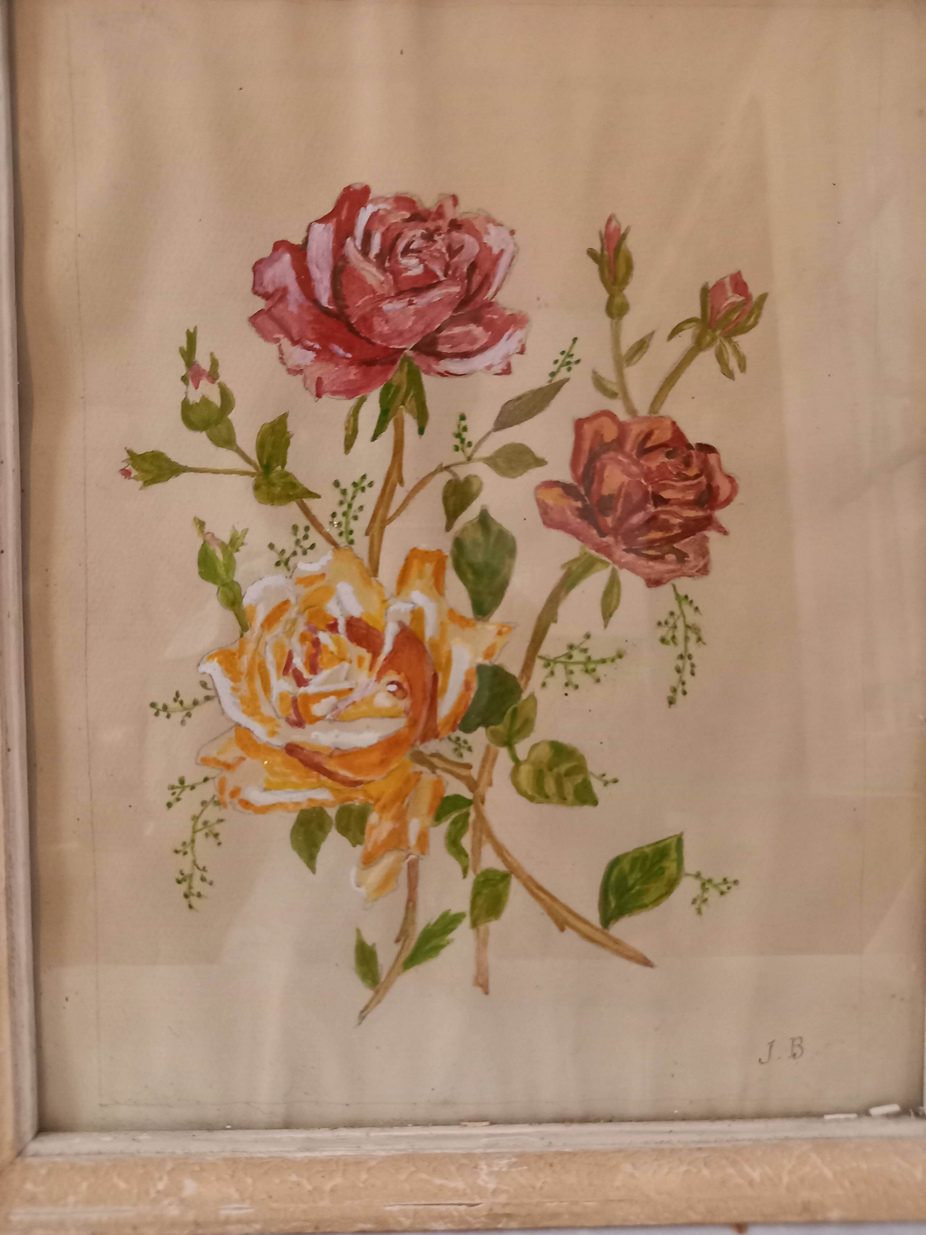 Old painting, gouache on paper, floral composition with roses, framed, under glass