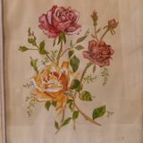 Tableau ancien, gouache sur papier, composition florale avec roses, encadré, sous verre
