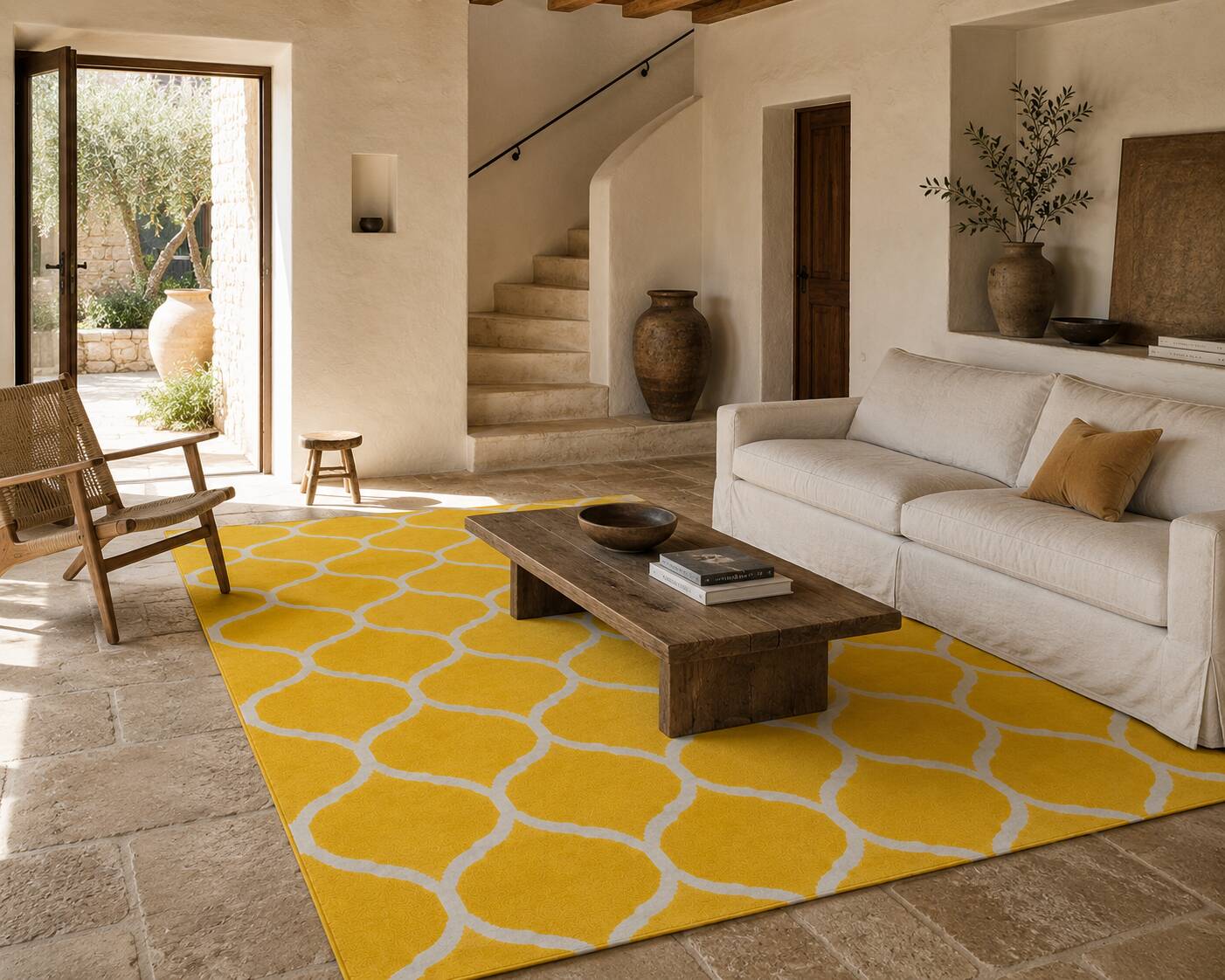 Vintage Moroccan Hand Loomed Yellow and Ivory Wool Rug, Late 20th Century