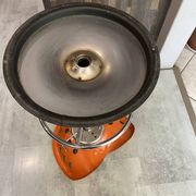 Orange tractor stool, pivoting adjustable mower, Fermigier Mirima 70.