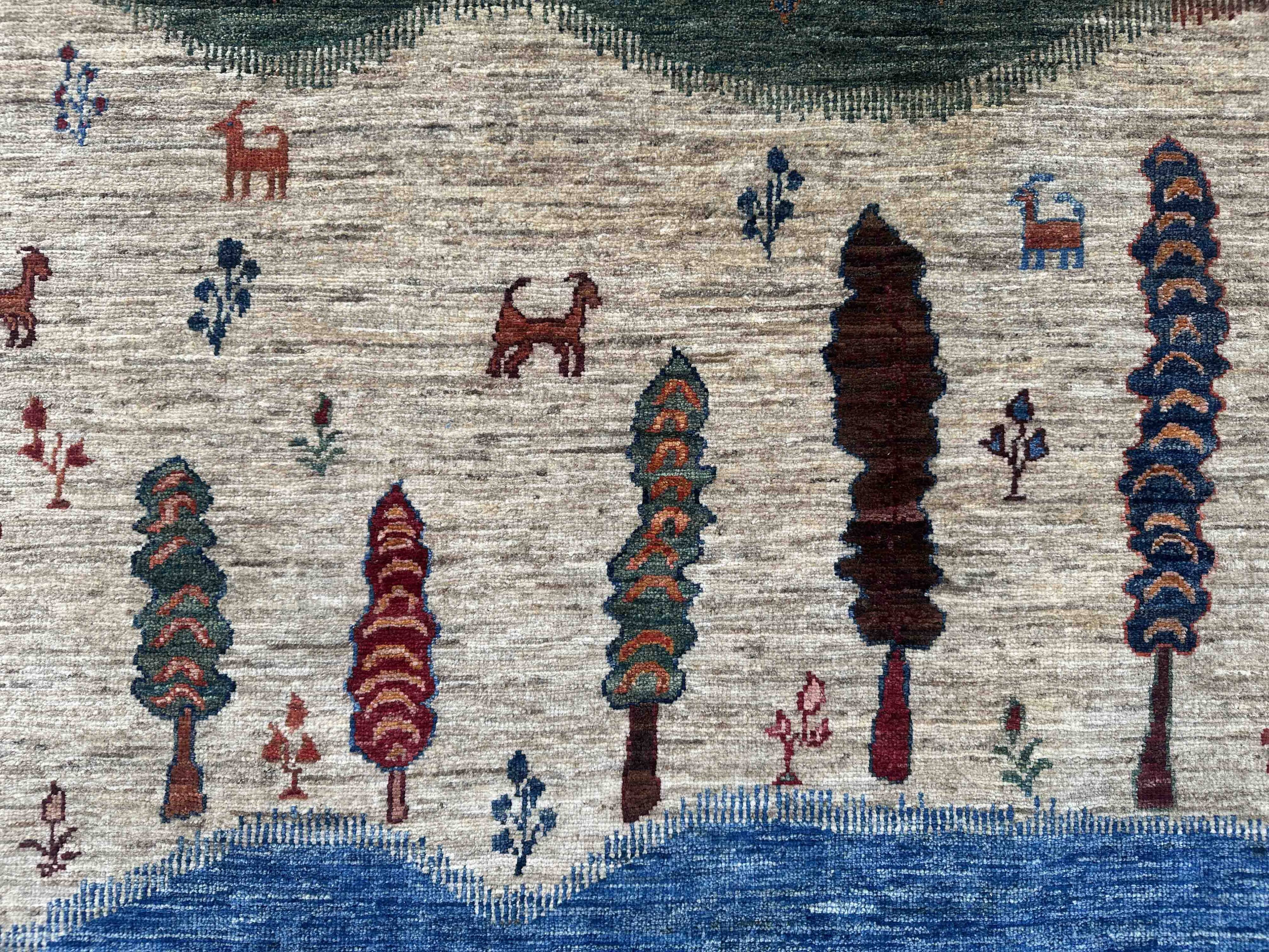 Gabbeh-Style Hand-Knotted Wool Rug with Abstract Landscape – 238×175 cm