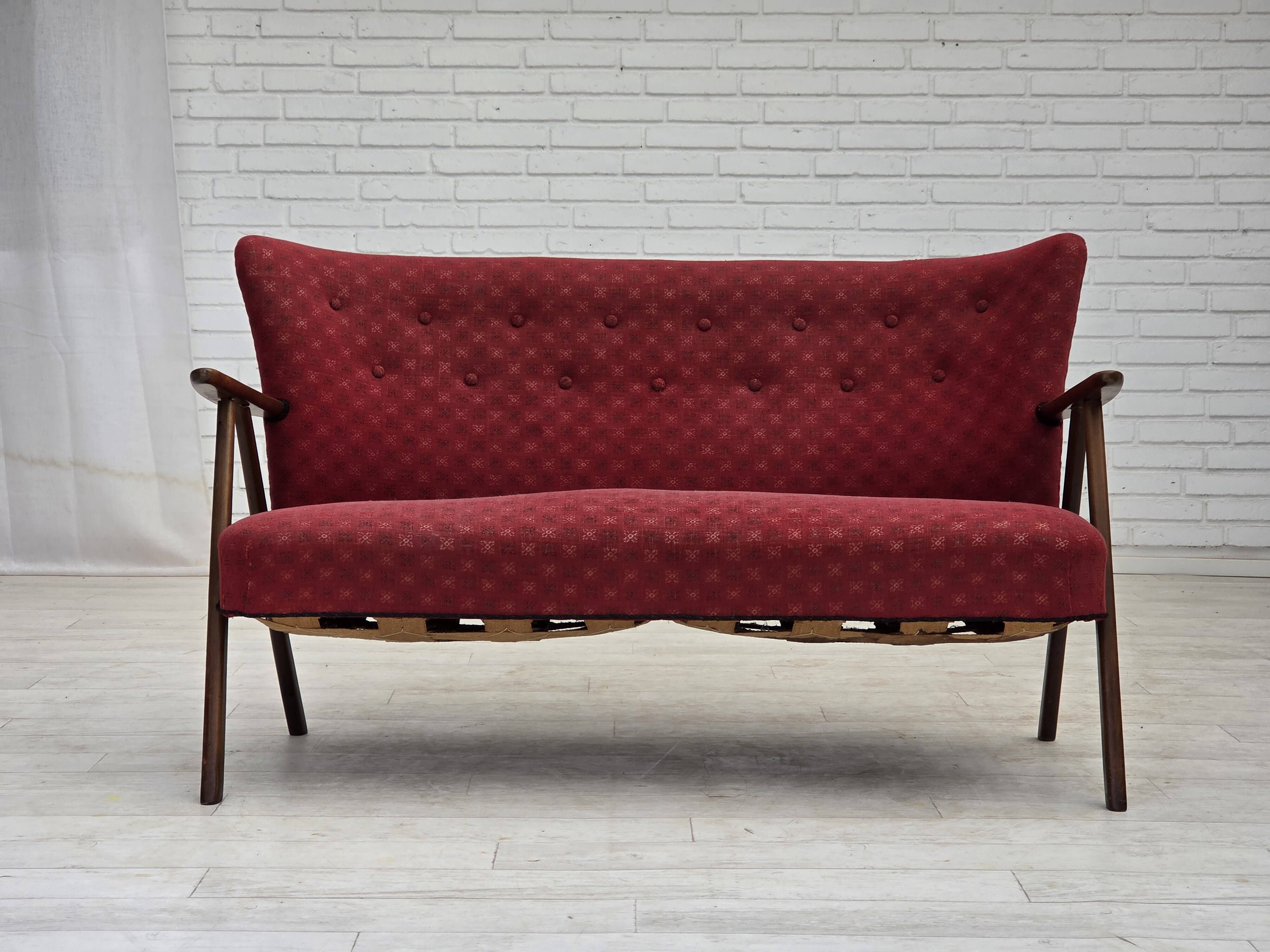 1960s, Danish 2-seater sofa, red furniture fabric, beech wood.