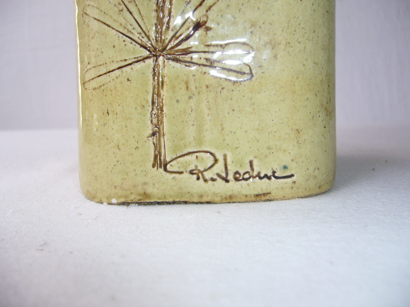 Ceramic square vase decorated with herbarium by Raymonde Leduc