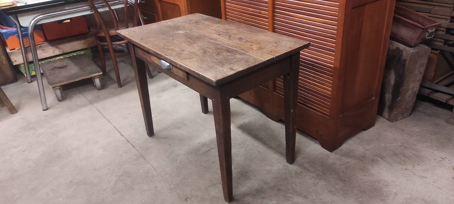 Small rustic children's table in old oak wood with drawer and shell handle