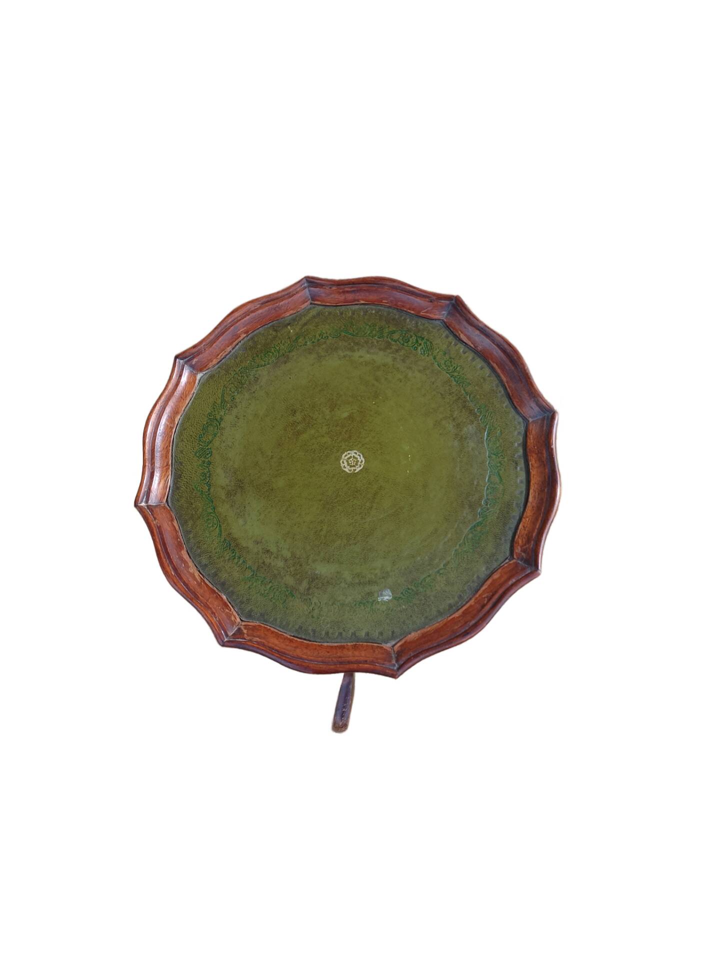 Table d’appoint à vin, guéridon ancien en bois et cuir vert