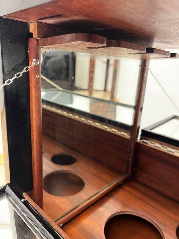 Art Deco Bar Cart in Black Lacquered Mahogany, Mirrored Glass & Chrome, France, 1930