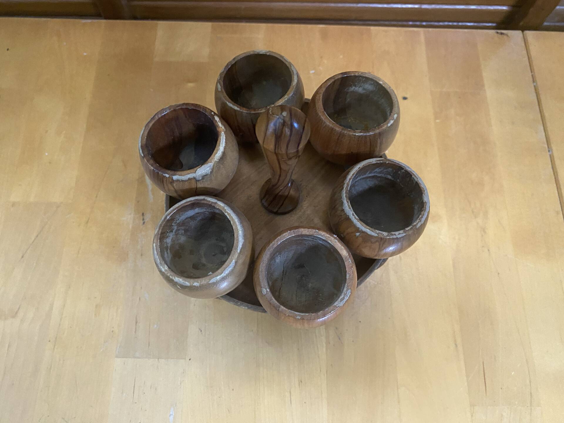 Rotating Display Stand 6 Egg Cups Olive Wood & Teak 1960s Vintage