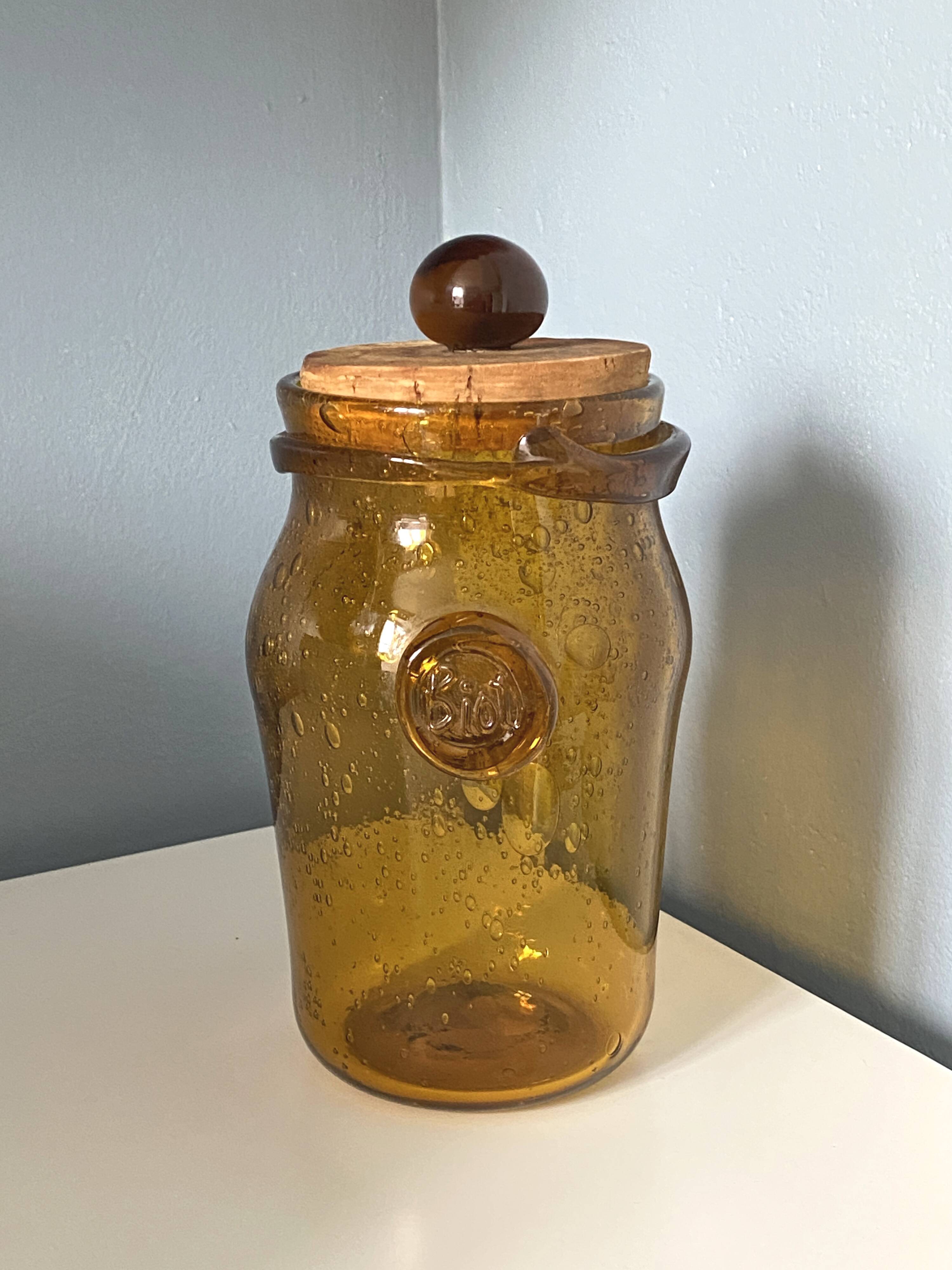 Vintage BIOT Glassware - Large covered jar pot 23cm bubbled blown glass am