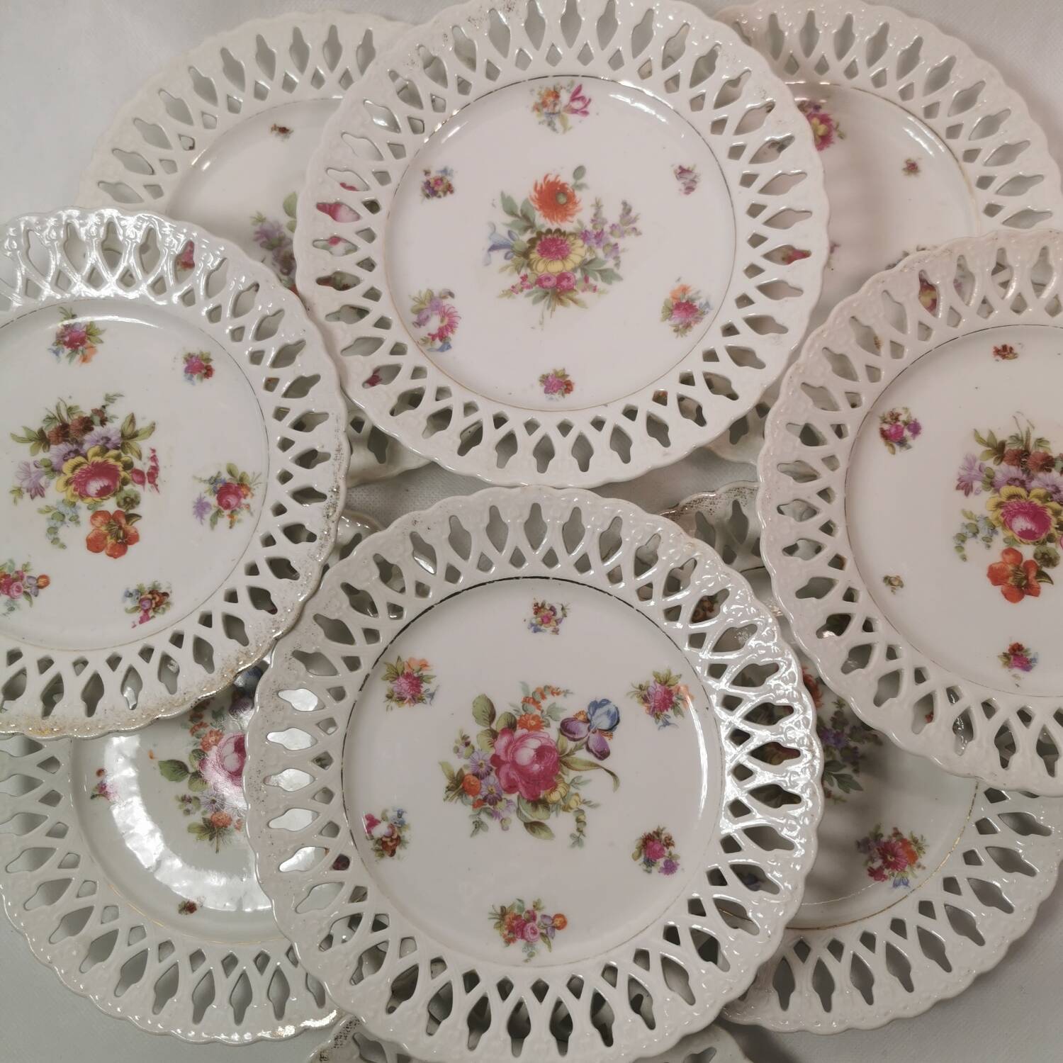 Set of 9 OPENWORK porcelain DESSERT PLATES hand painted in the style of SAXE