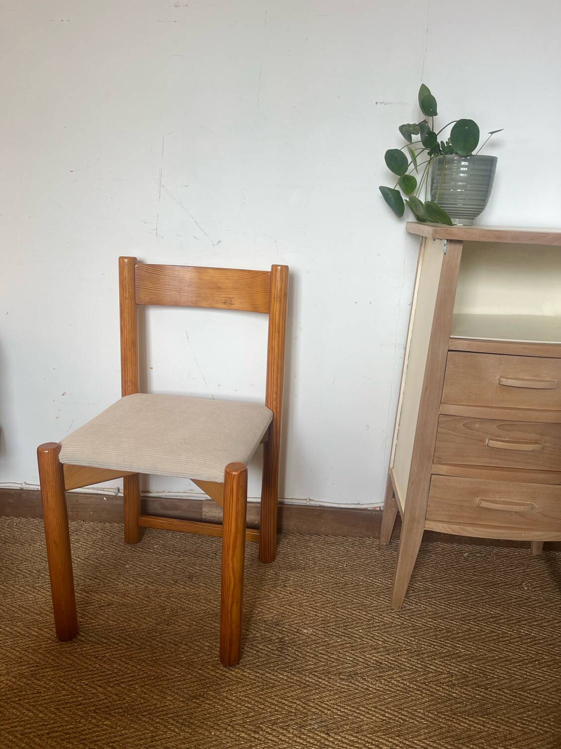 Vintage wooden chair with cream white corduroy seat