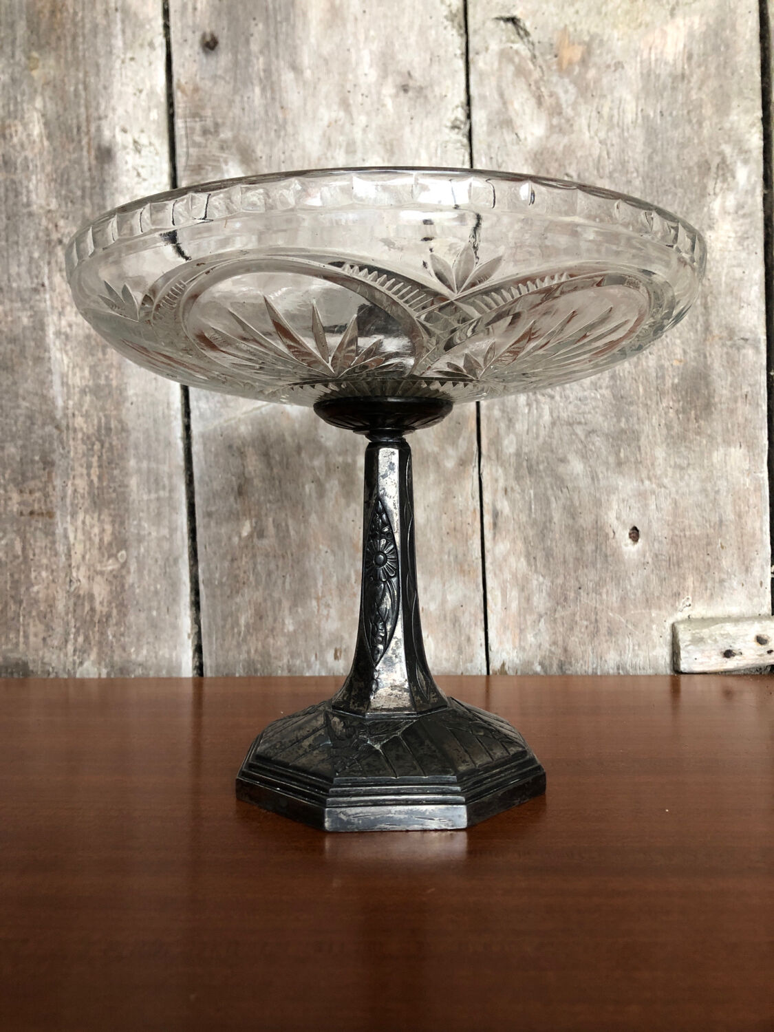 Old centerpiece cut art deco glass + foot silver metal vintage #a285
