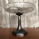 Old centerpiece cut art deco glass + foot silver metal vintage #a285