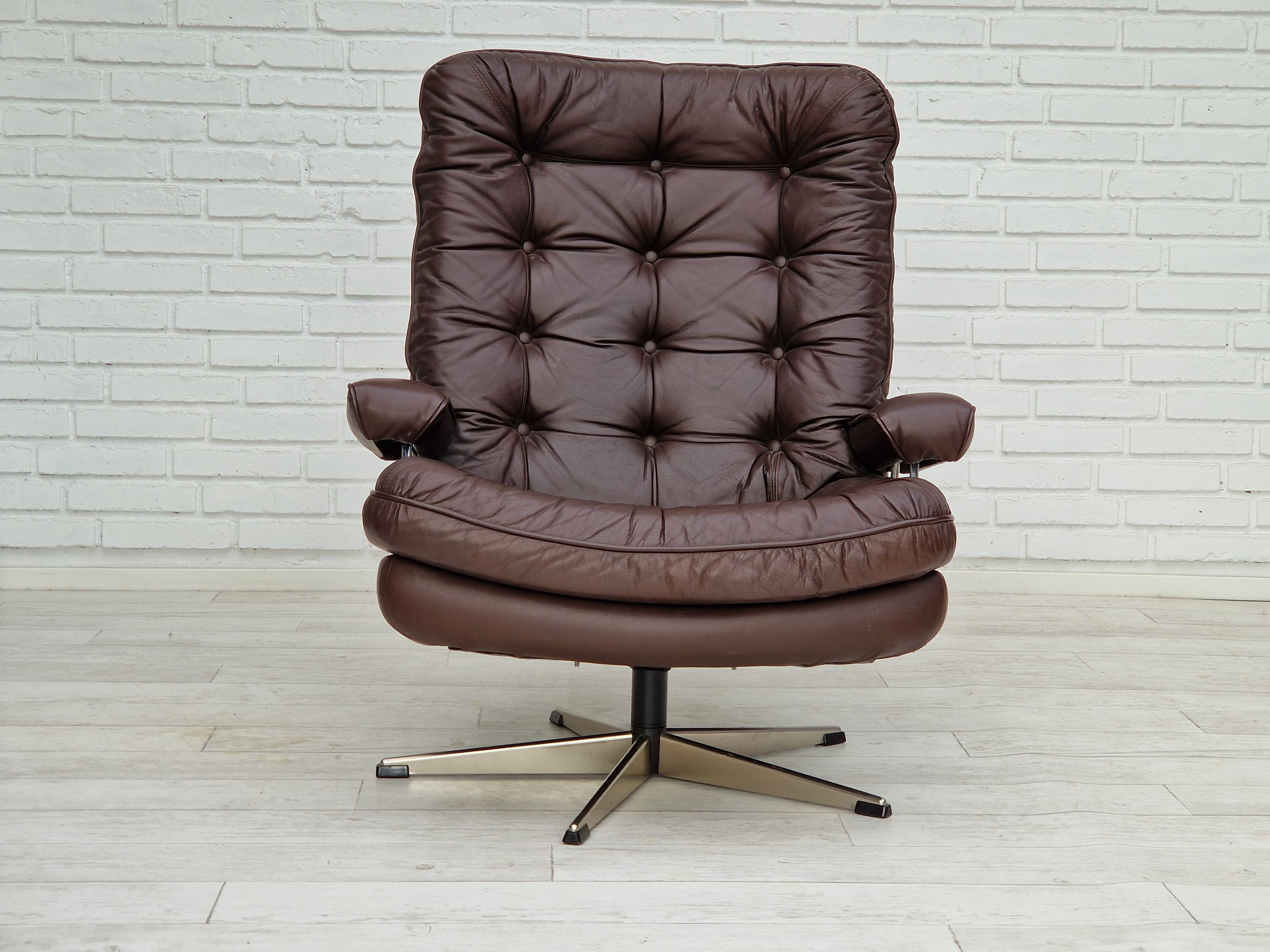Vintage danish swivel leather armchair 1970s