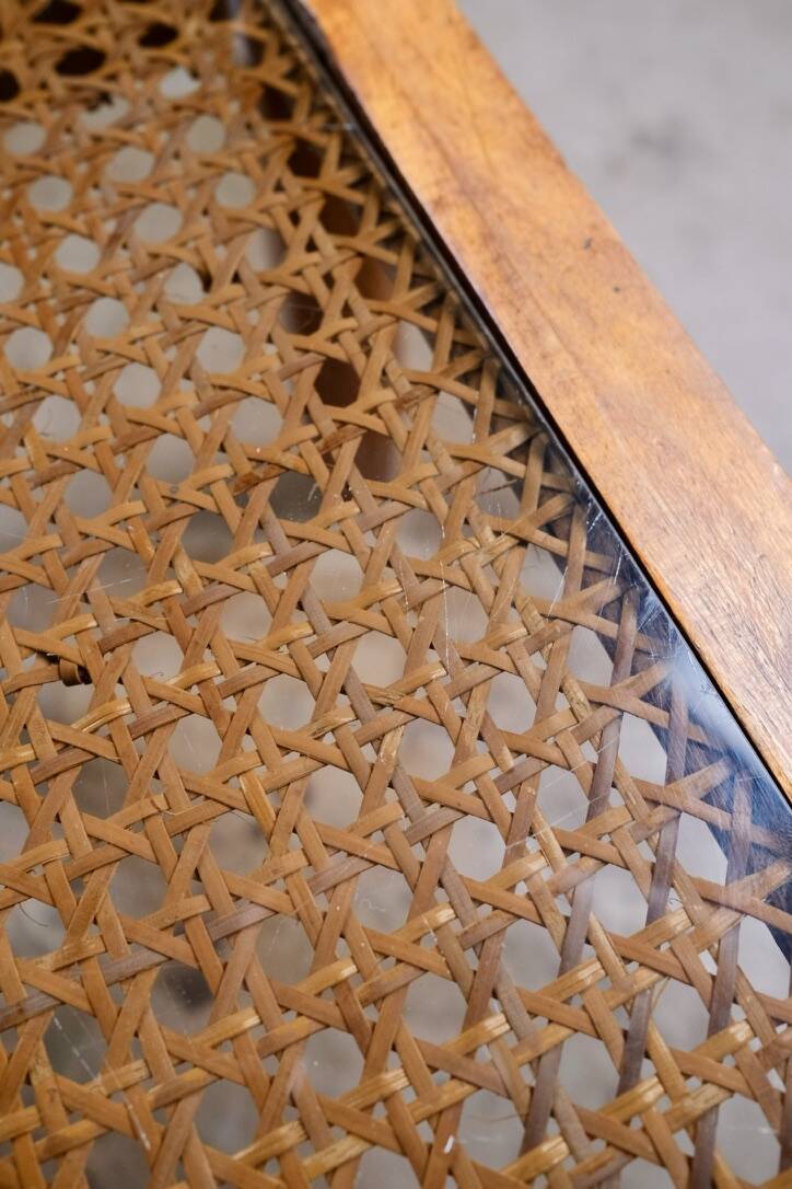 Cane and smoked glass coffee table, France, 1980.