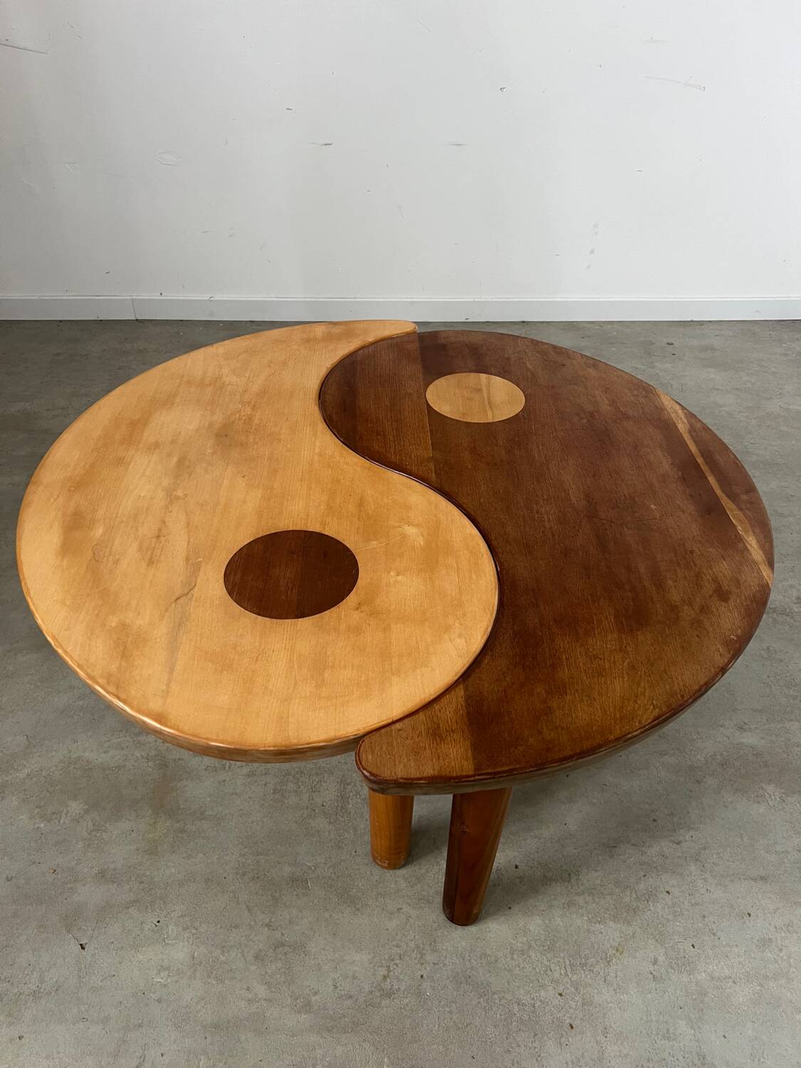Solid wood coffee table with 2 Yin and Yang elements vintage 60s