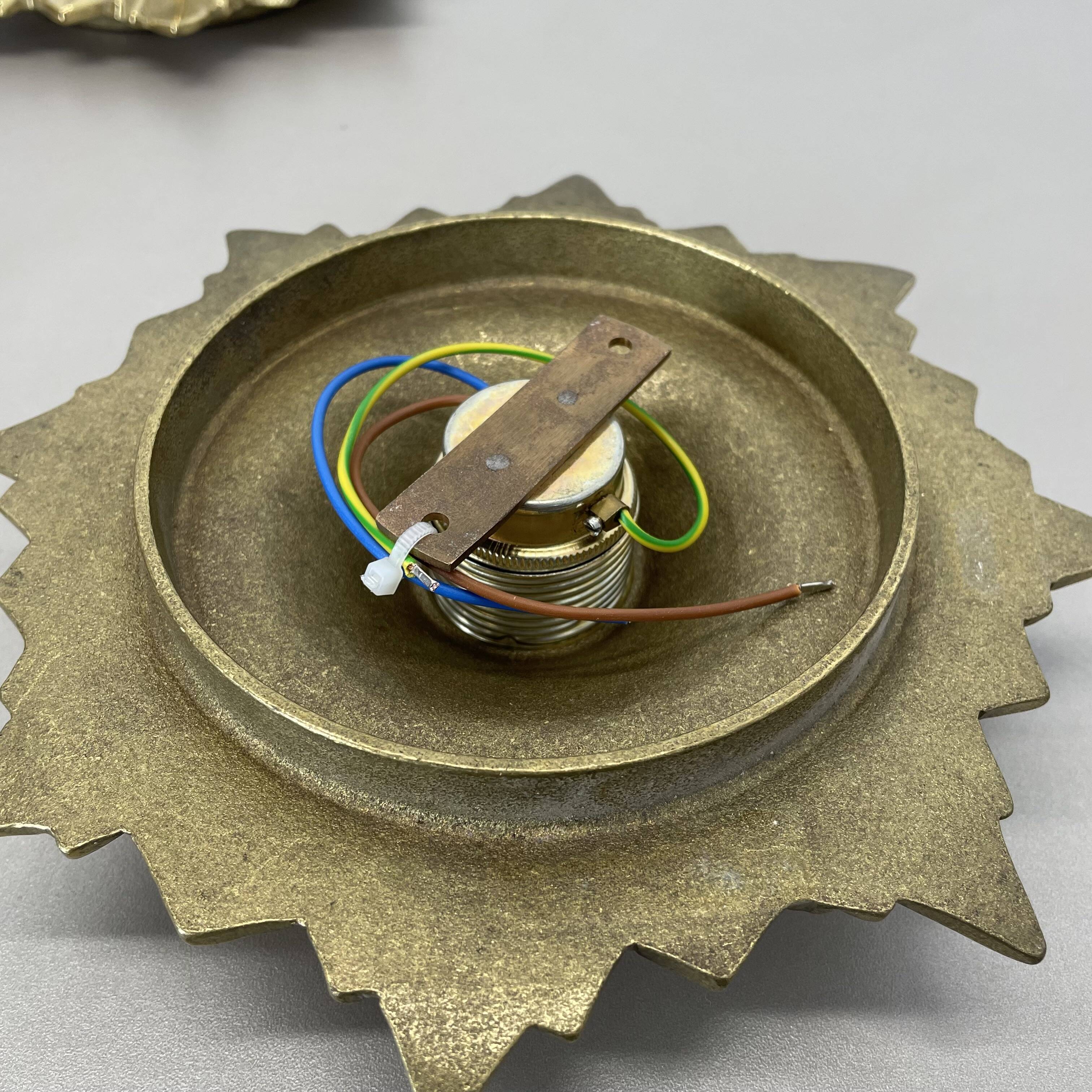 Set of Three Brutalist Bronze Sunburst Wall Lights, Italy 1950s