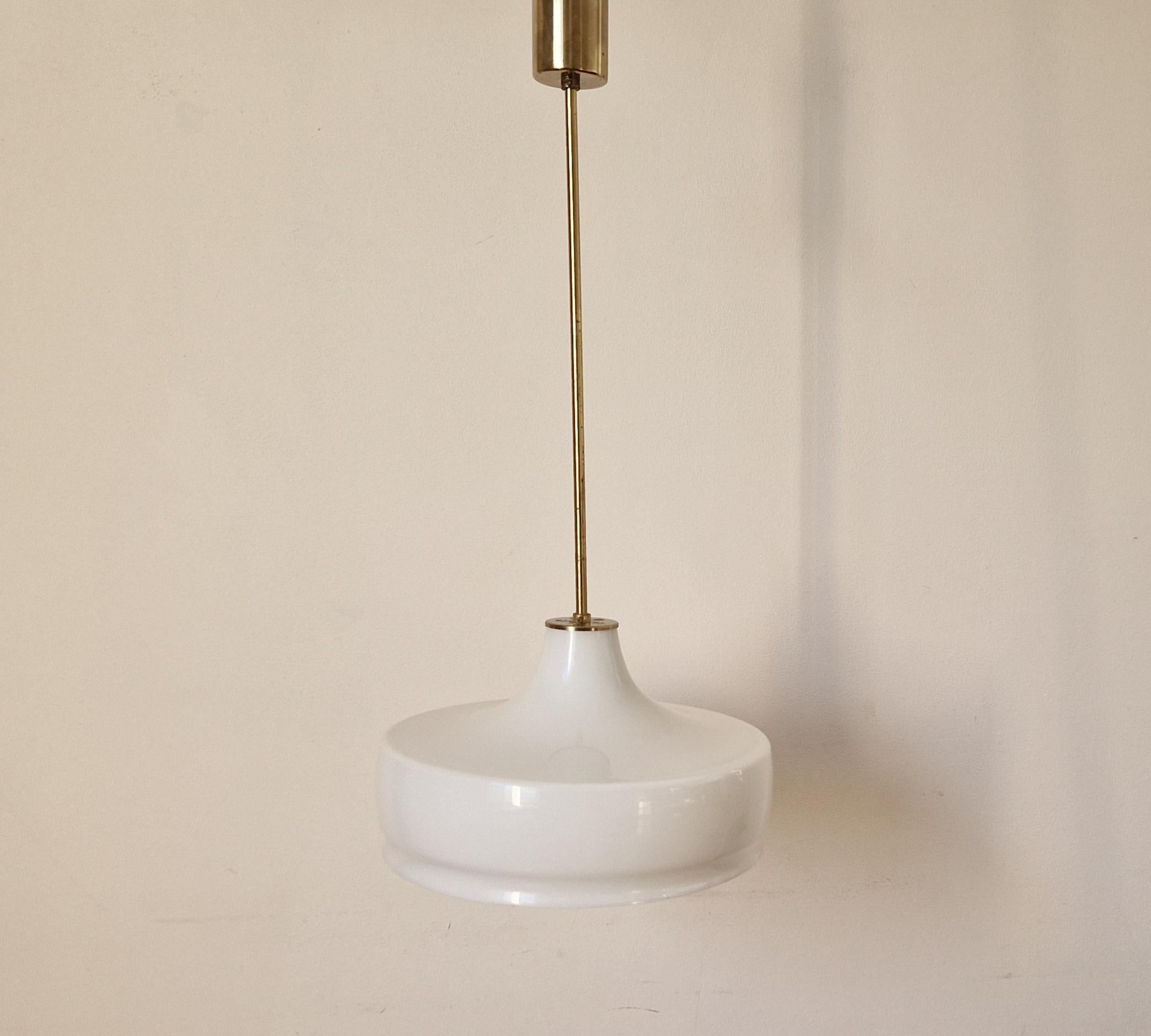 Rare Midcentury Brass and Milk Glass Pendant Kamenicky Senov, 1970s