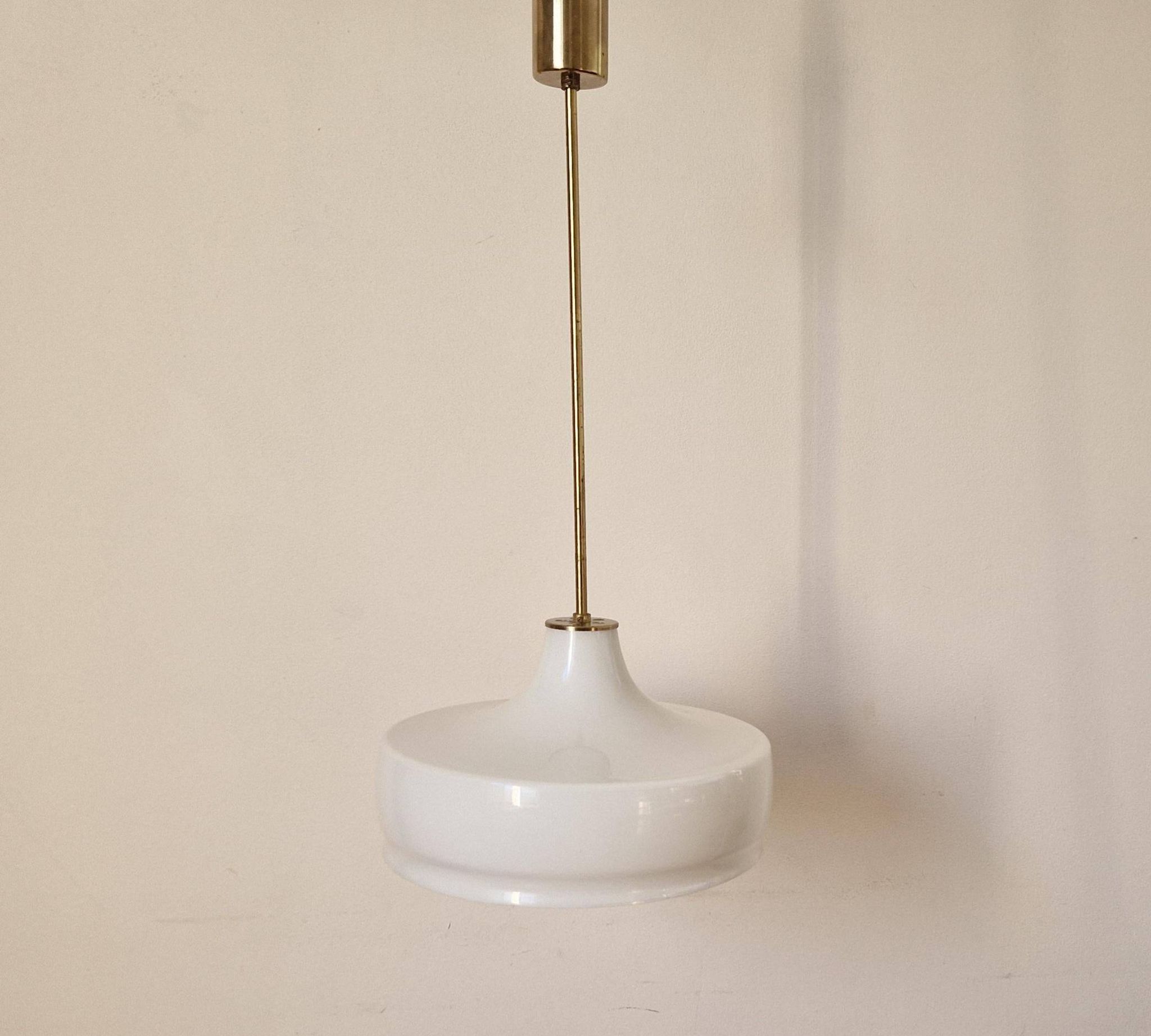 Rare Midcentury Brass and Milk Glass Pendant Kamenicky Senov, 1970s