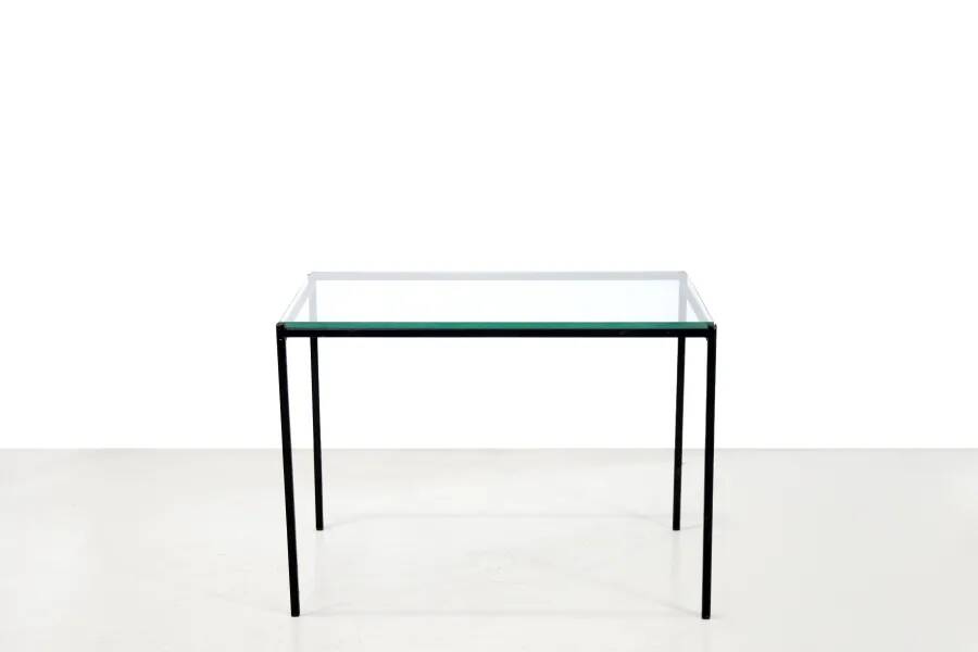 Black minimalist metal side table with glass top, 1960's