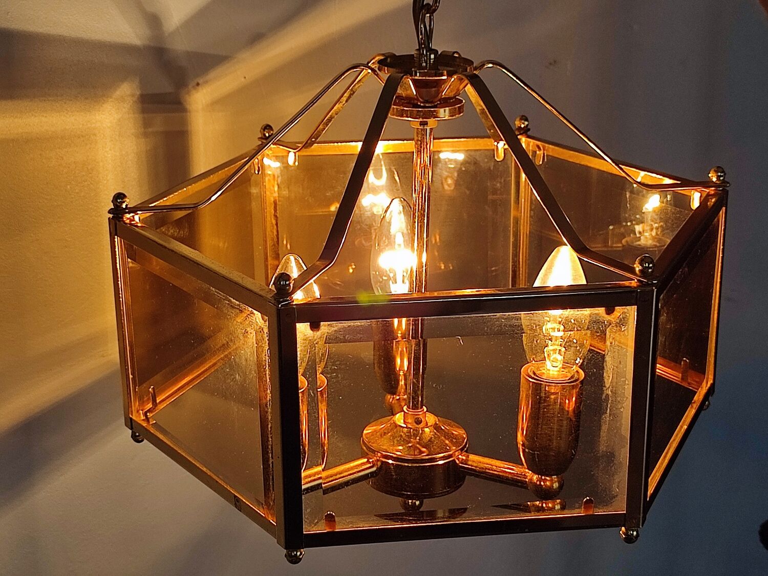Brass pendant lamp and five-faceted vintage smoked glasses