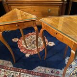 Pair of side tables, corner tables, solid blond walnut, Loui