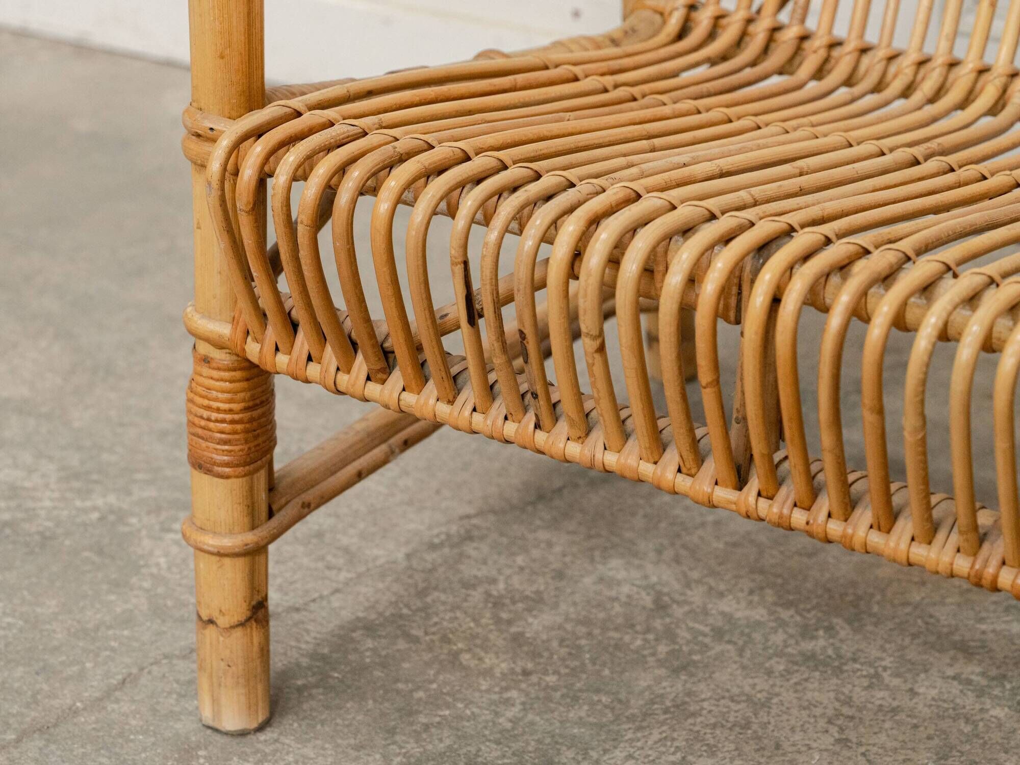 Vintage bamboo and rattan bench from the 1970s.