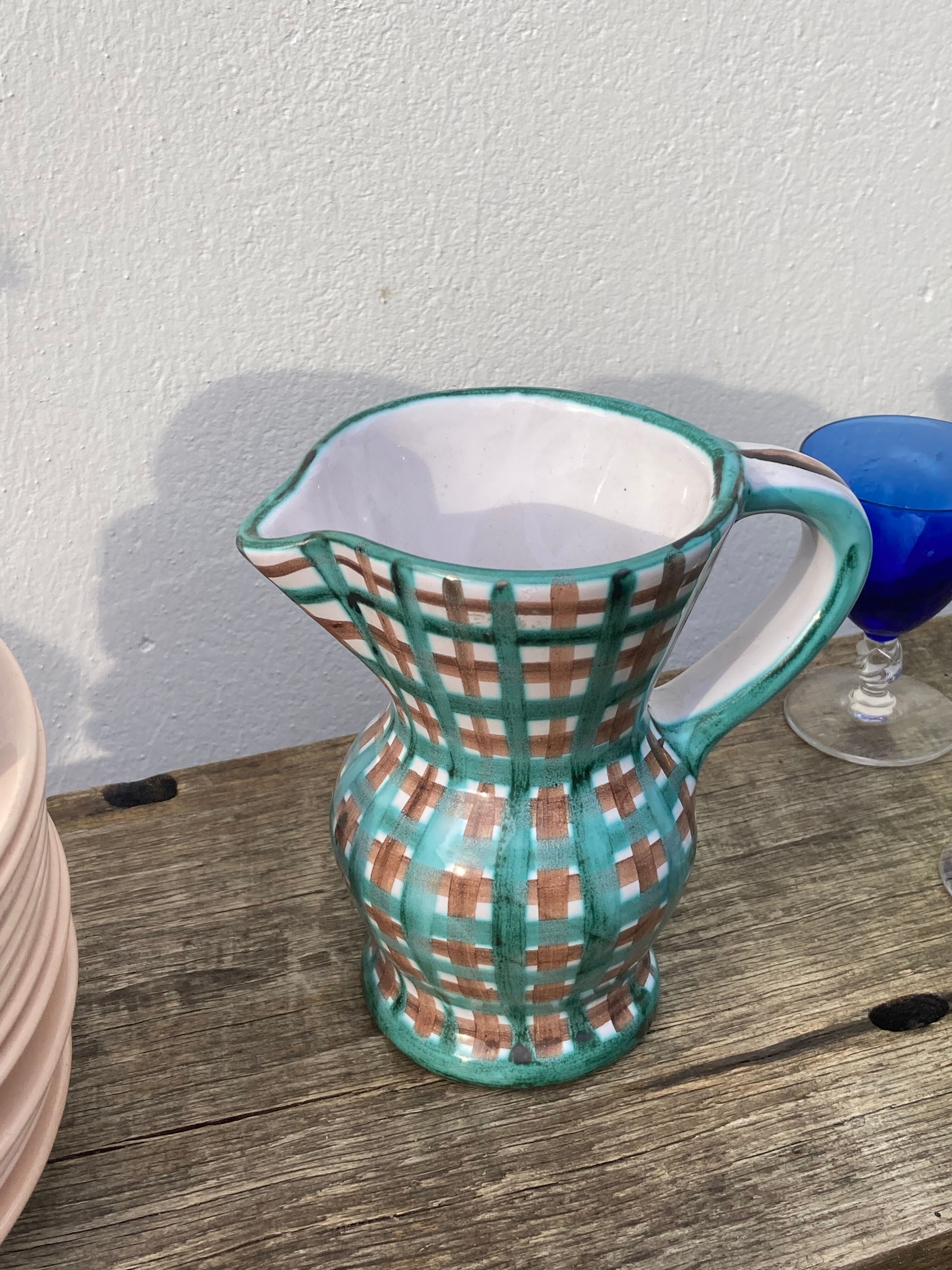 Robert Picault pitcher in green ceramic Vallauris checkered 1960