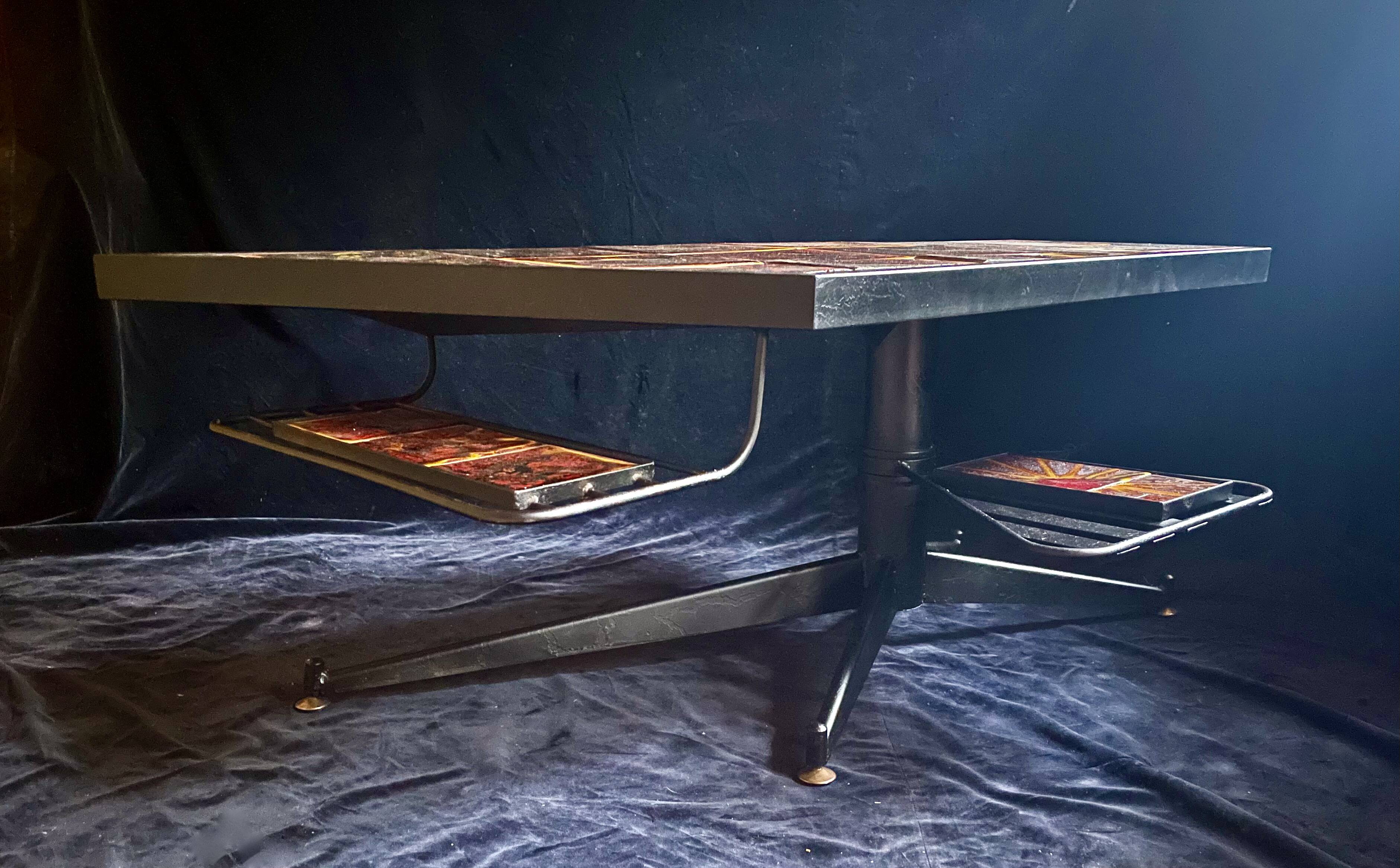Table signed "La Roue/Vallauris", metal/ceramic, 1970s.