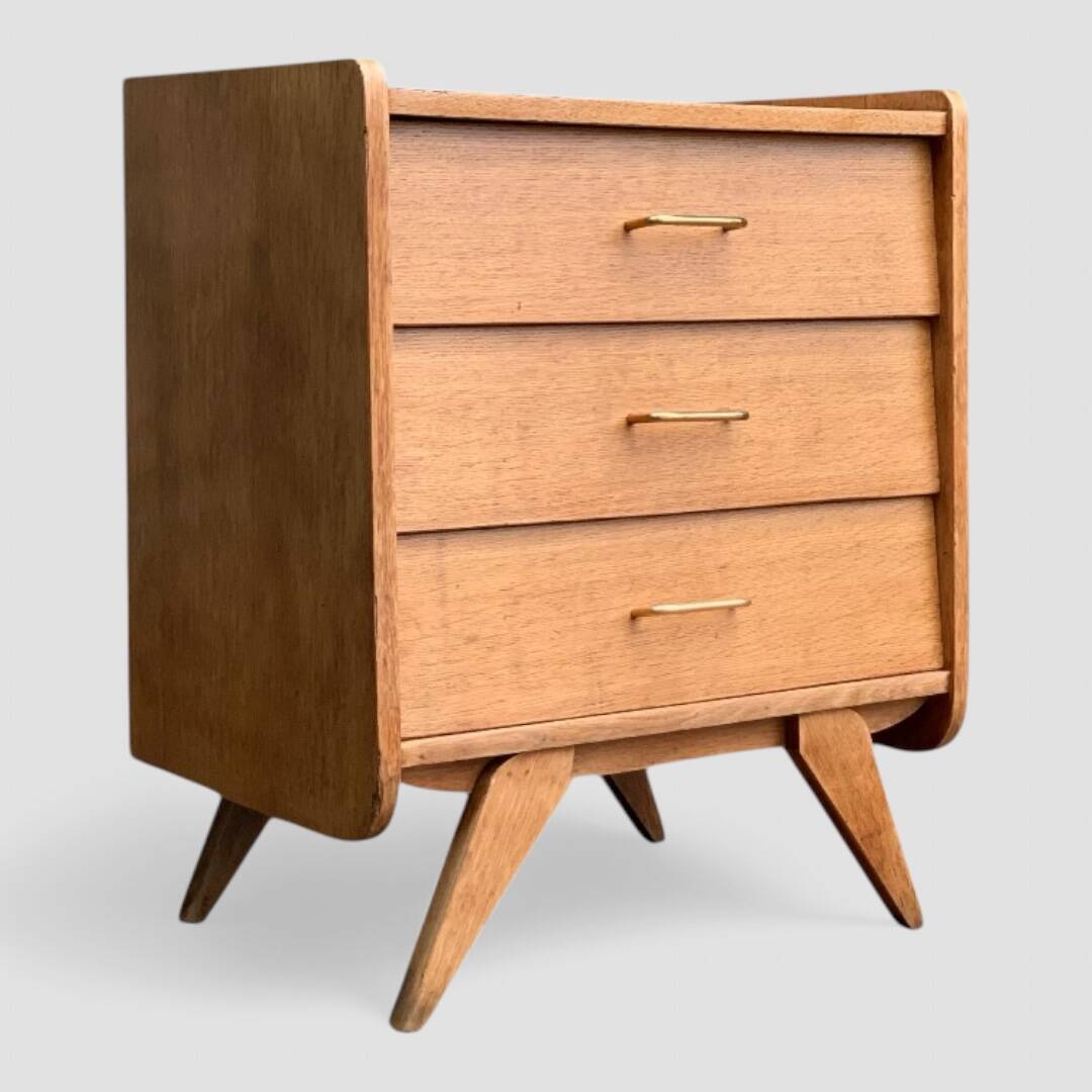 Vintage chest of drawers with compass feet, raw oak, 1960