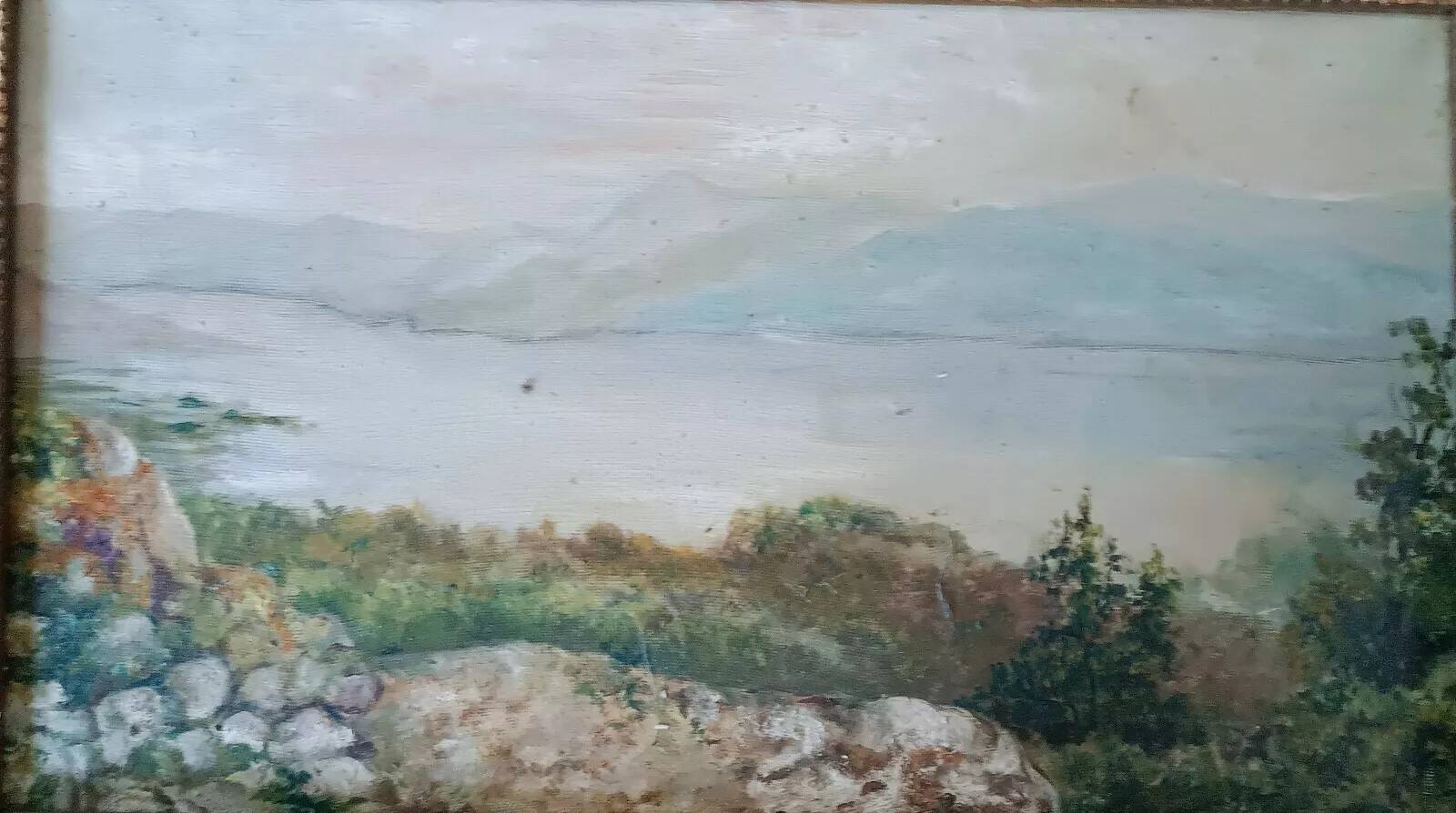 peinture à l'huile antique sur toile paysage lac de montagne début des années