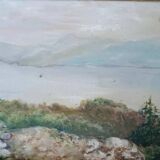 peinture à l'huile antique sur toile paysage lac de montagne début des années