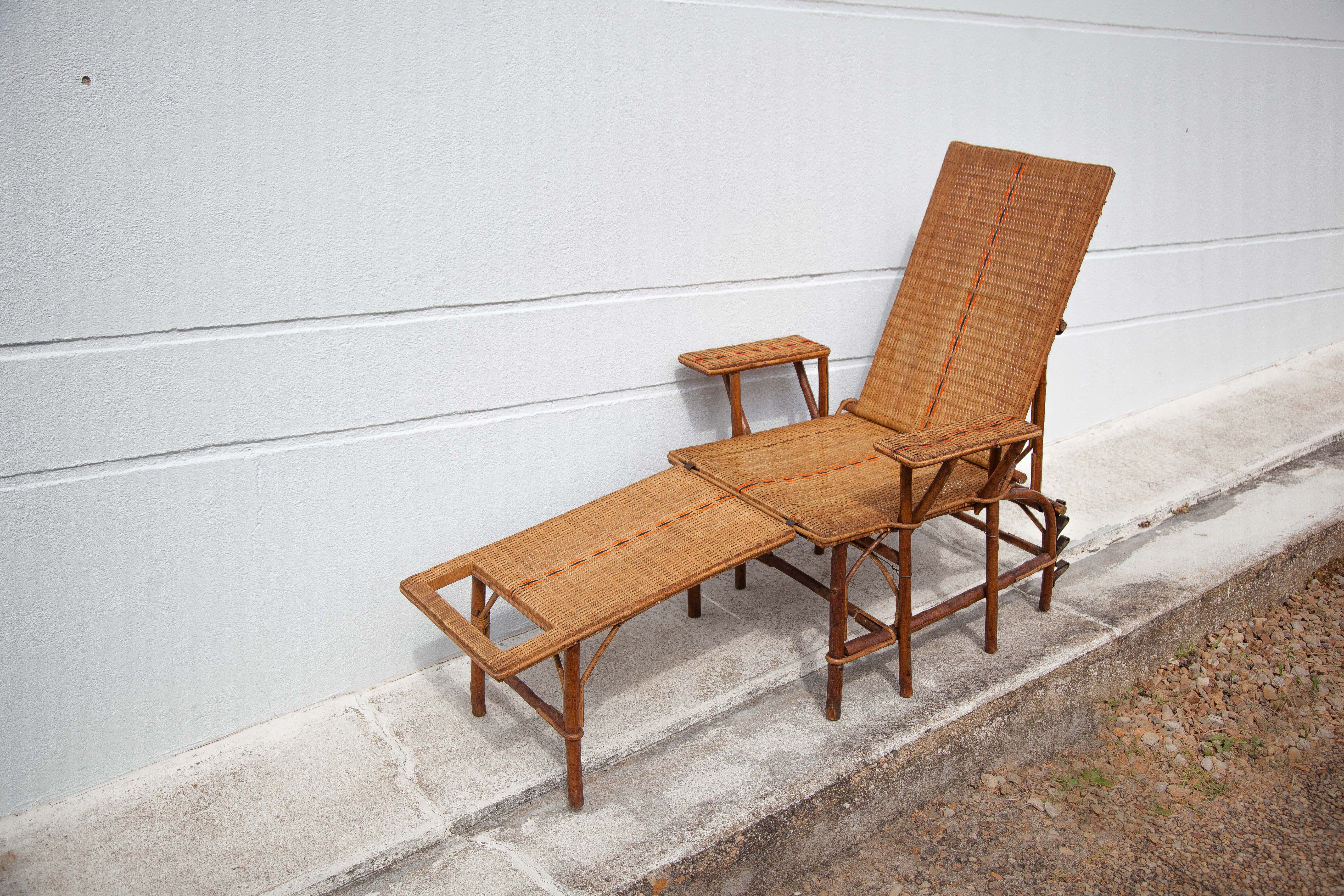 Antique rattan chaise longue, Chilean, rattan deckchair, folding backrest, removable footrest