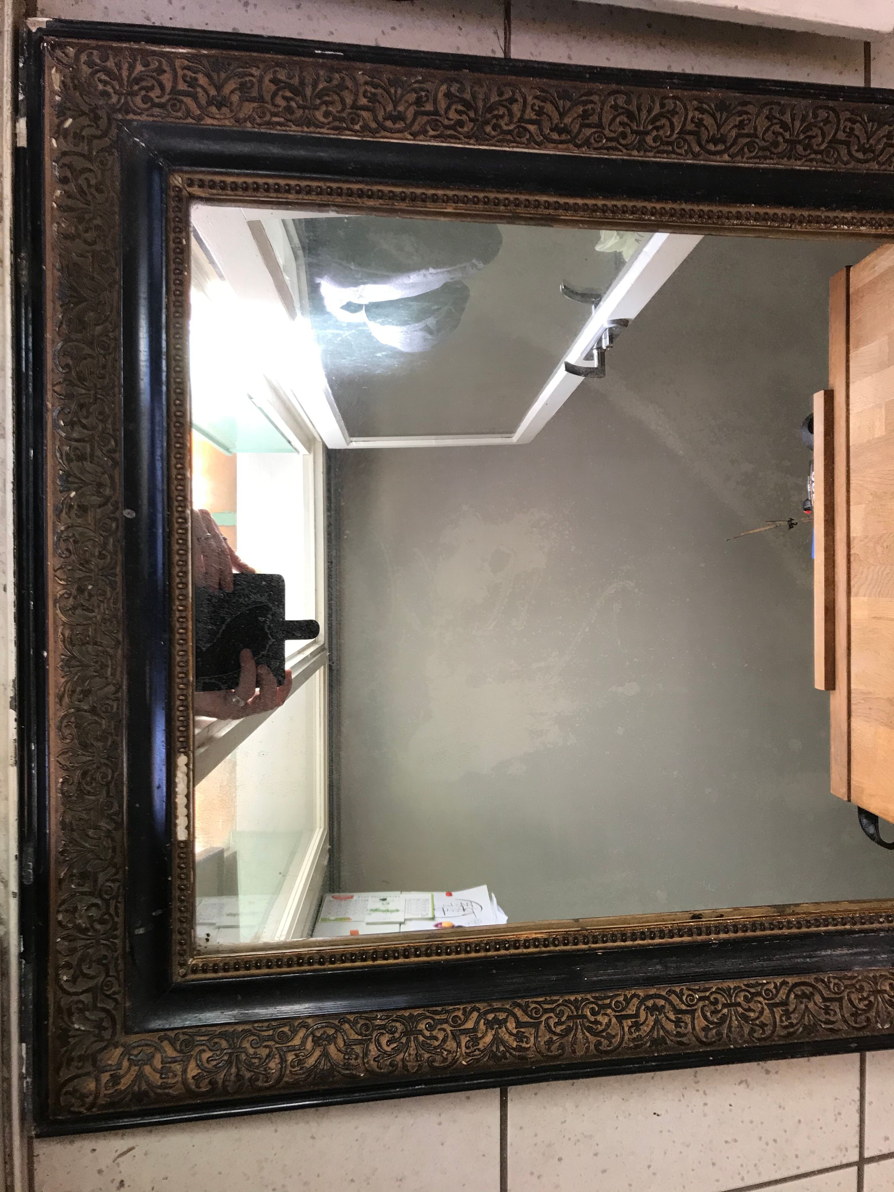 Antique Louis Philippe mirror in black wood & plaster beads row + vintage friezes