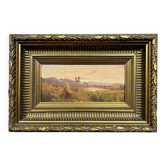 Orientalist painting, oil on panel: view of an oasis in the desert