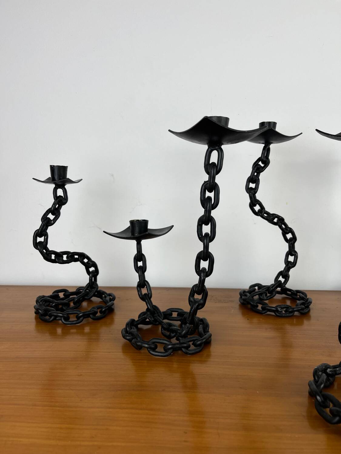 7 wrought iron candle holders in brutalist chain style