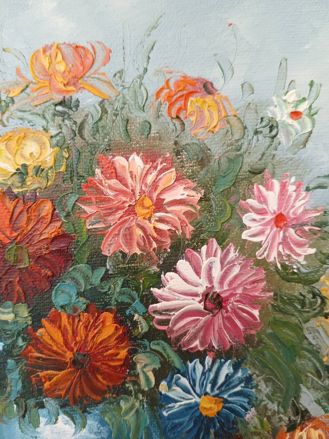 Small painting, bouquet of flowers, blue background