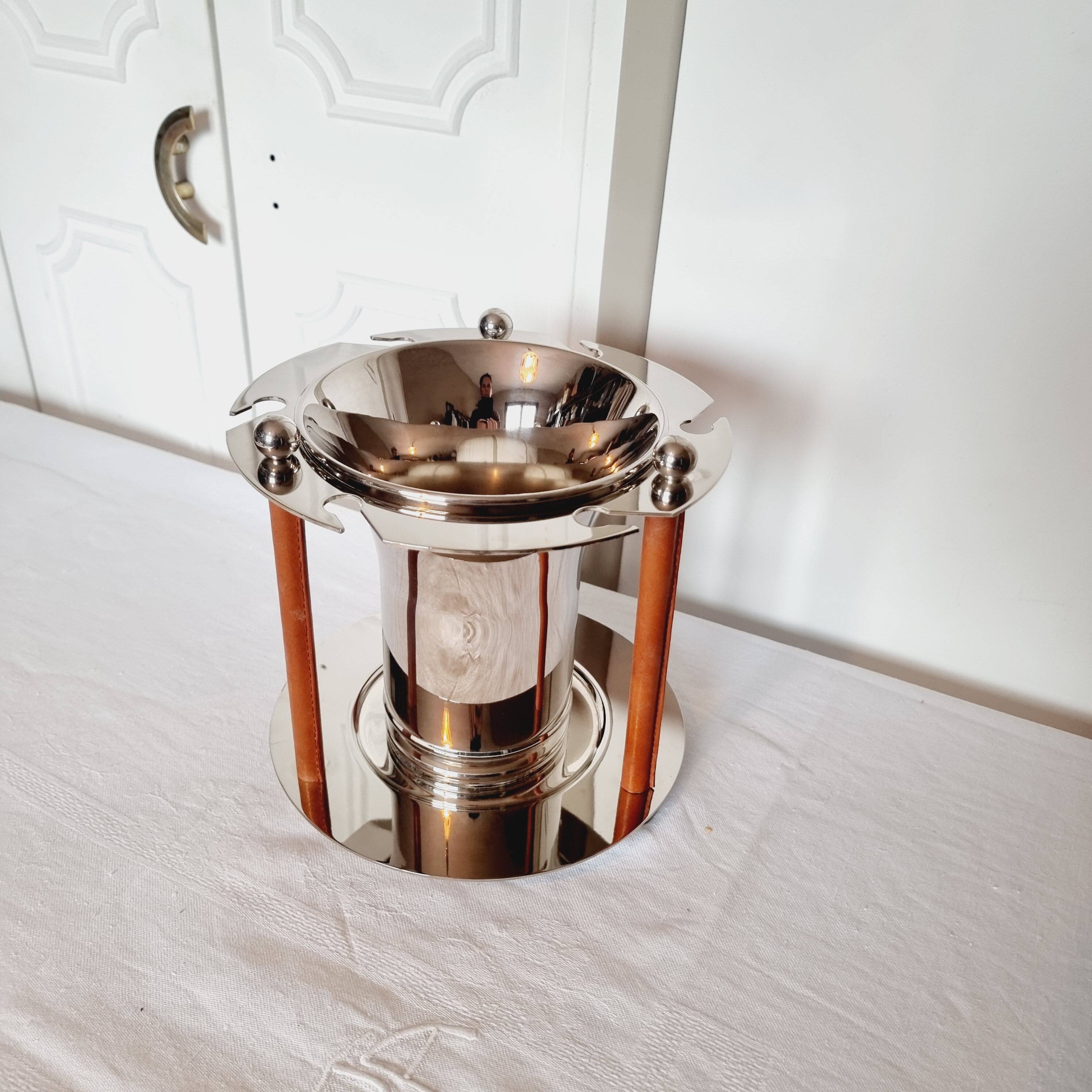 Magnifique Seau à Champagne pour 6 verres au Design Années 70 en Métal Argenté et Cuir.