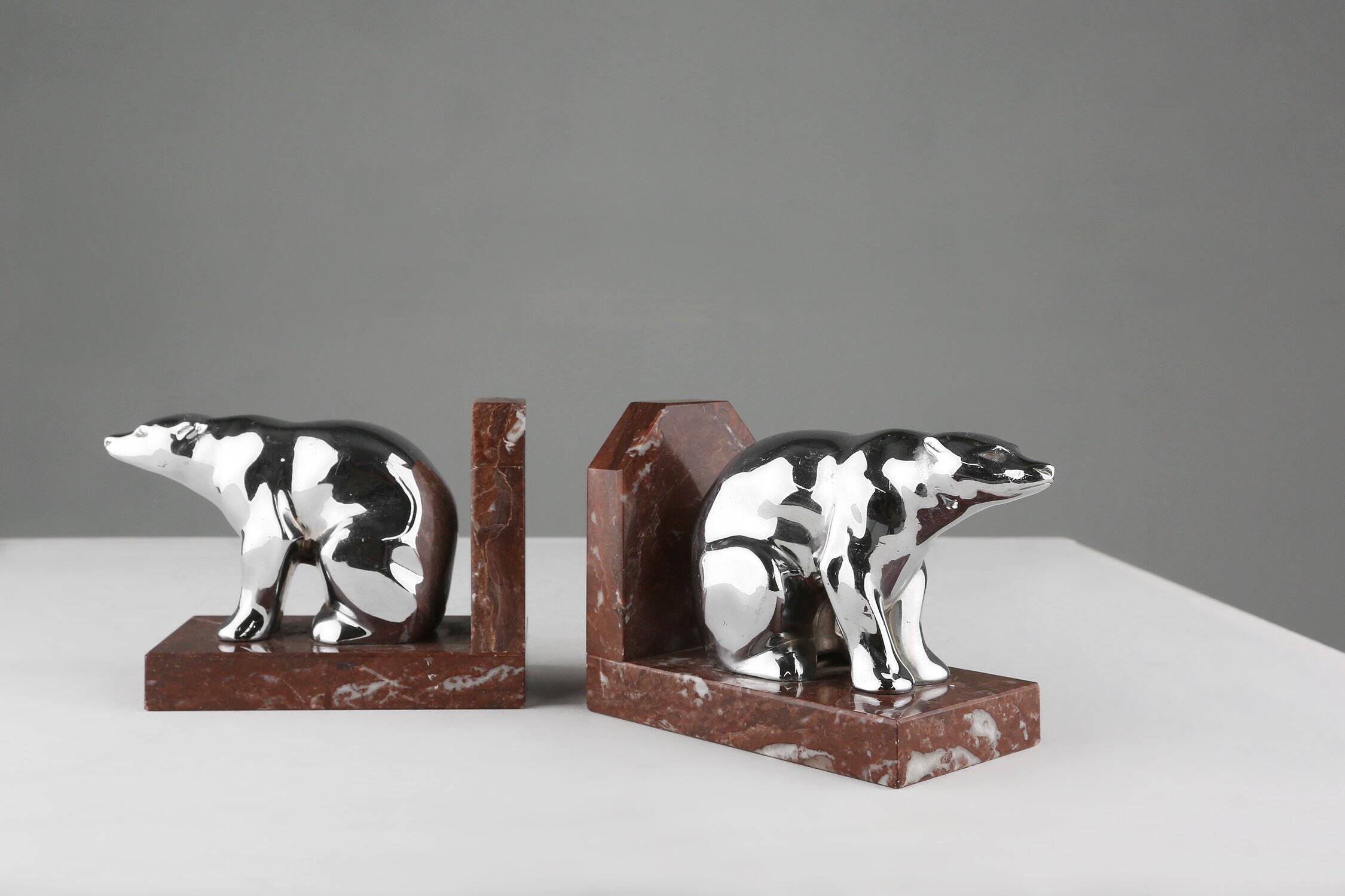 Art Deco Marble and Metal Bear Bookends, France 1930s