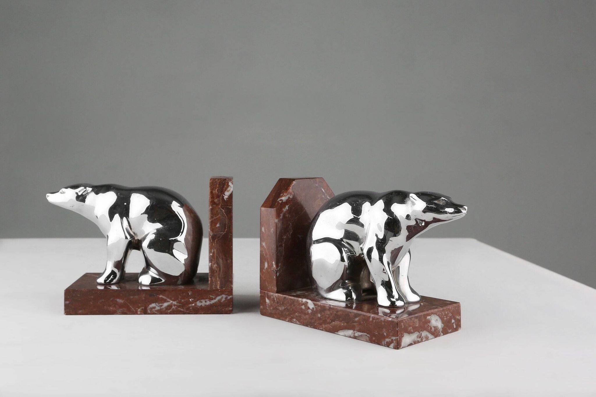 Art Deco Marble and Metal Bear Bookends, France 1930s
