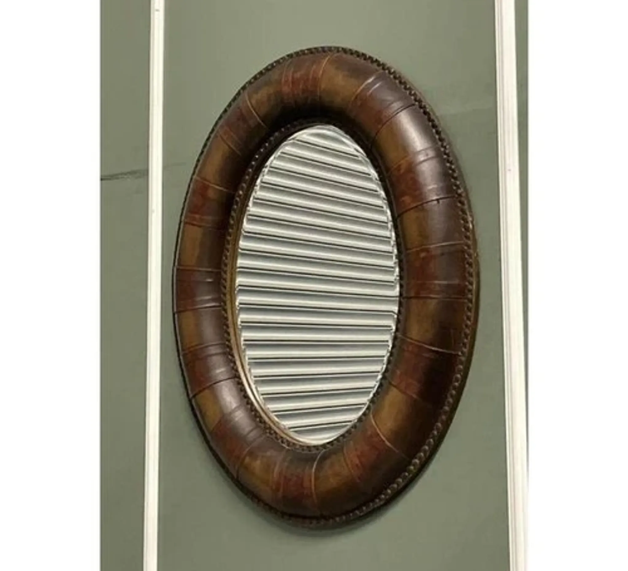 Brown Studded Oval Leather Wall Mirror
