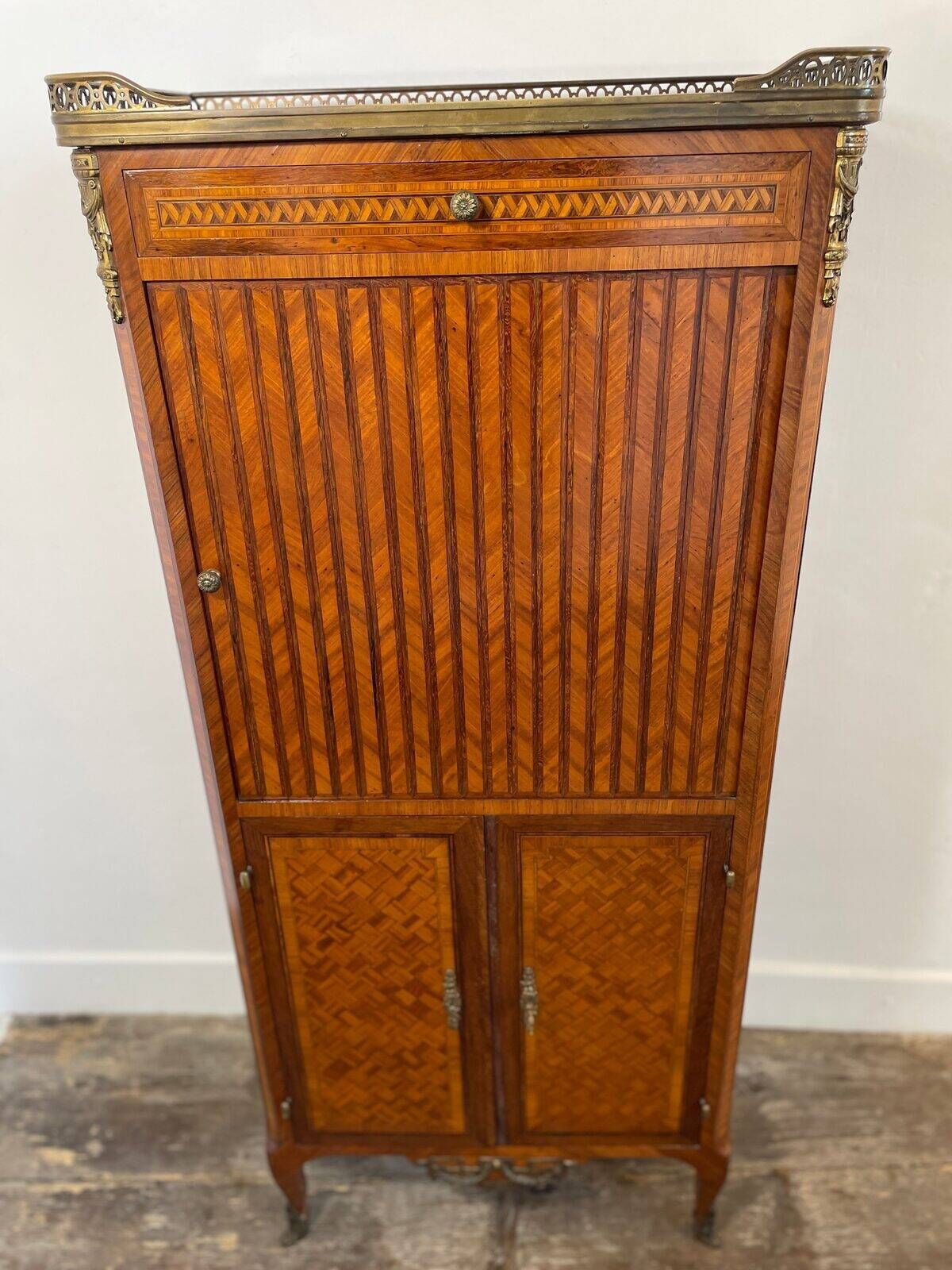 Louis XVI music cabinet, marquetry, brass gallery, marble top