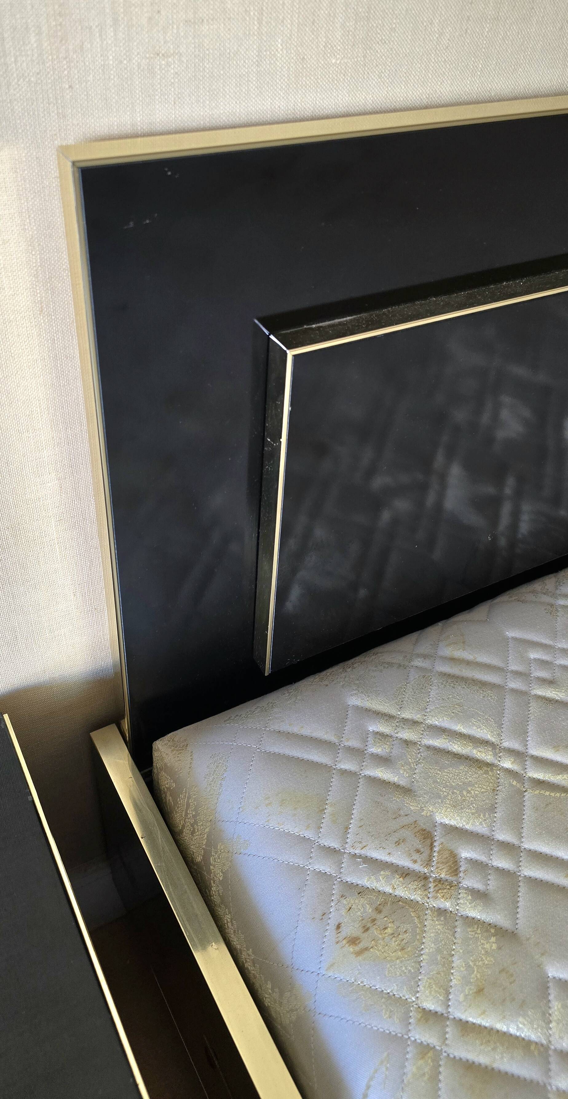 Black lacquered double bed with brass, Maison Roméo Paris, 1970s