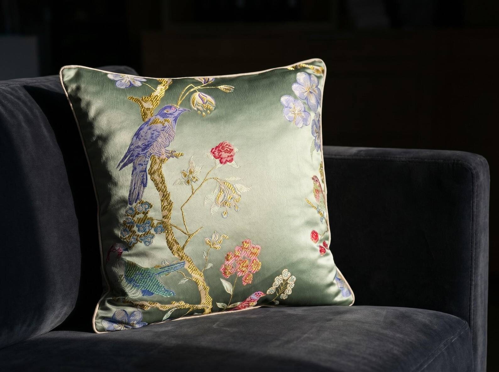 Handmade Satin Chinoiserie Bird Cushion, Cream Piped Botanical Pillow